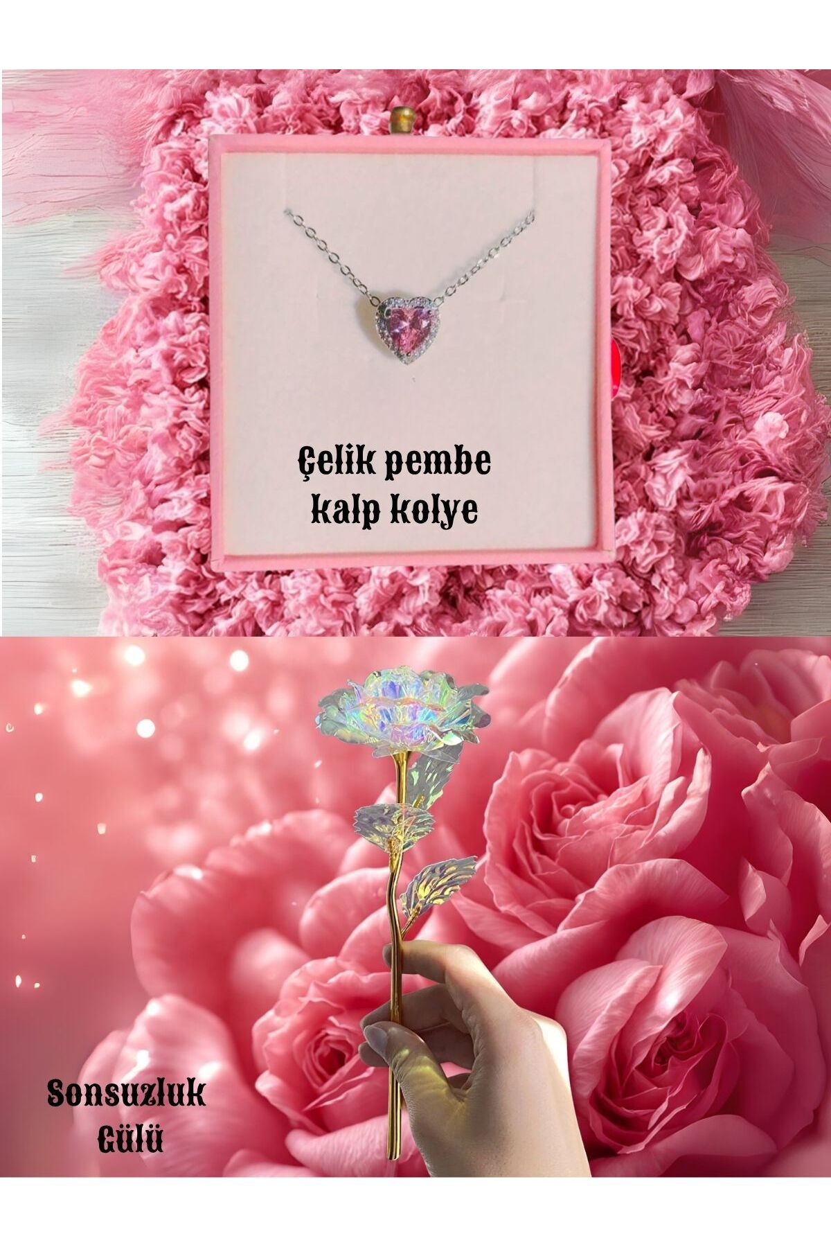 Le Manolia Accessories kararmaz çelik zirkon pembe kalp kolye ve sonsuzluk gülü sevgiliye hediye seti