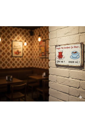 Genel Markalar "Çay mı? Kahve mi?" Eskitme Tabela | Nostaljik Kafe Mutfak Dek...