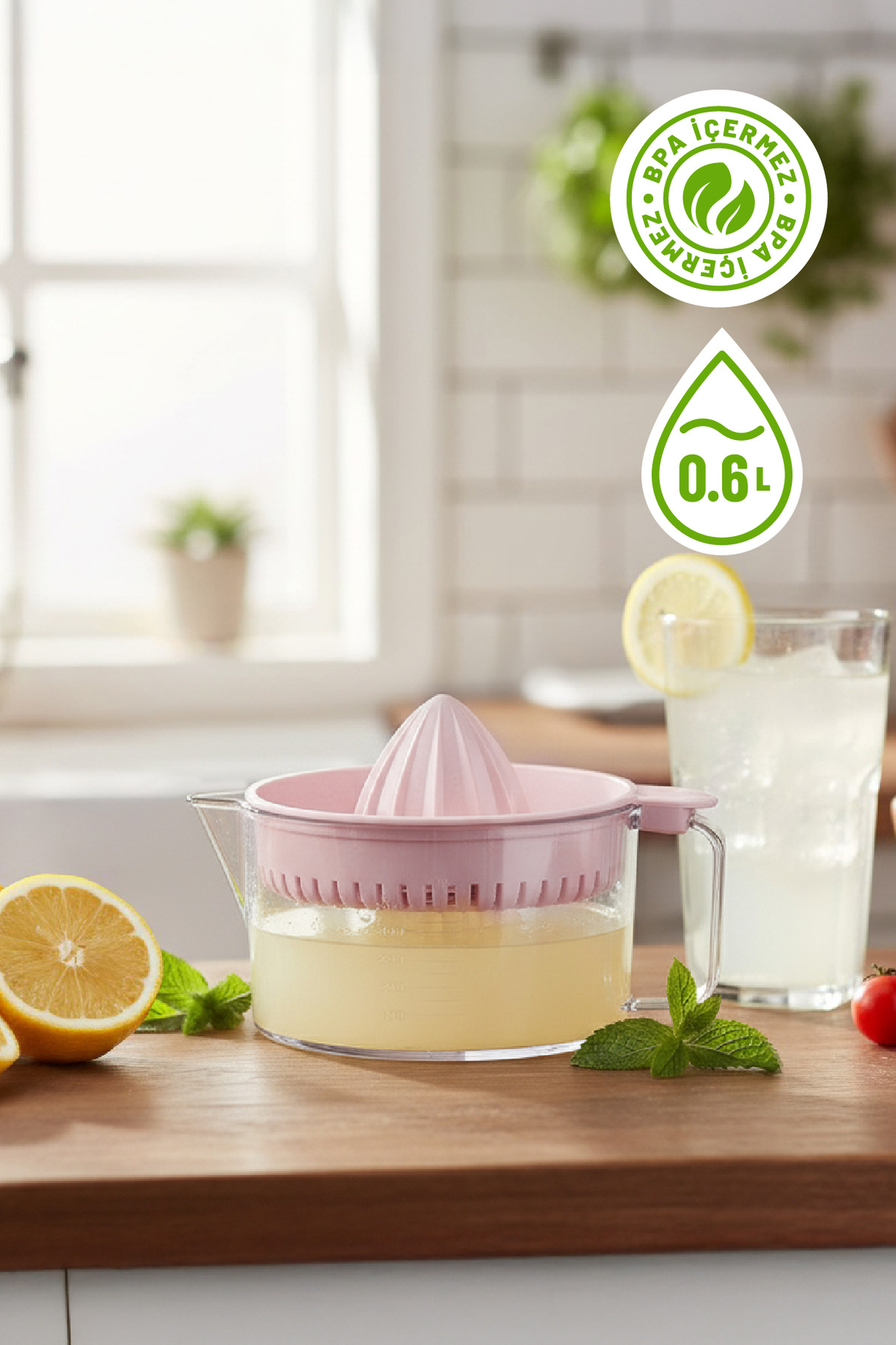 EVİONA Hazneli ve Ölçü Göstergeli Limon ve Narenciye Sıkacağı, 0.60 L - Pembe