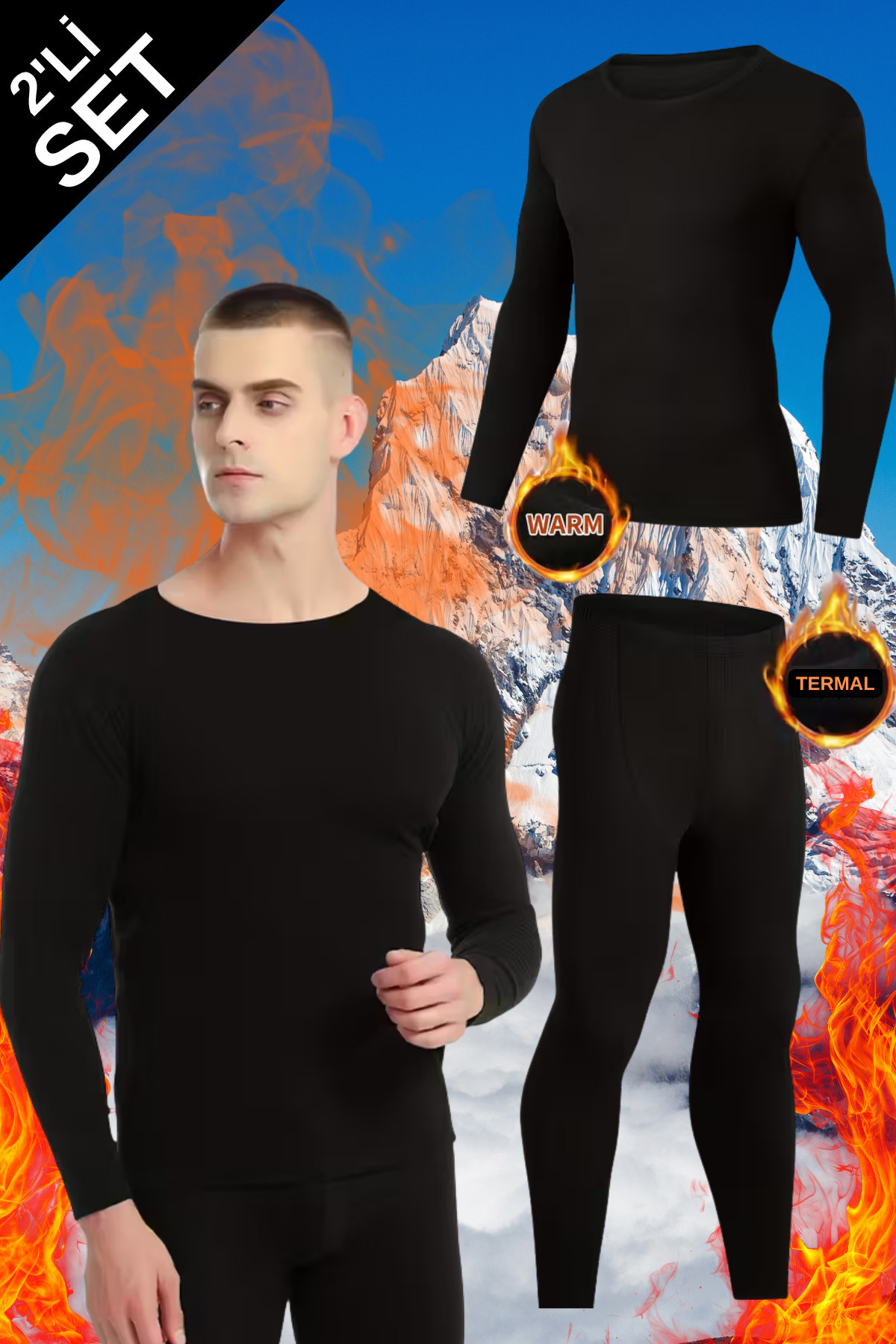 De Bijoura Erkek Kışlık Siyah Termal İçlik Takım Termal Tayt Ve Üst Uzun Kollu Termal İçlik