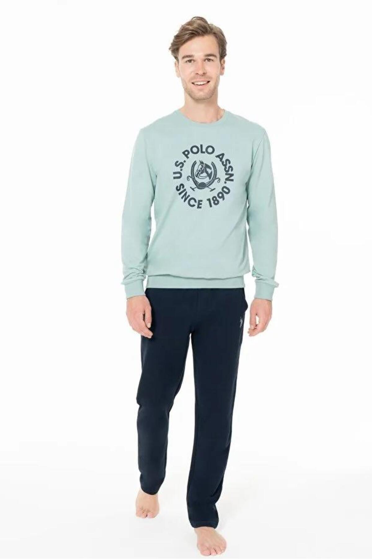 یو اس پولو ست لباس خواب مردانه آستین بلند یقه گرد به رنگ نعنایی C0T4N981