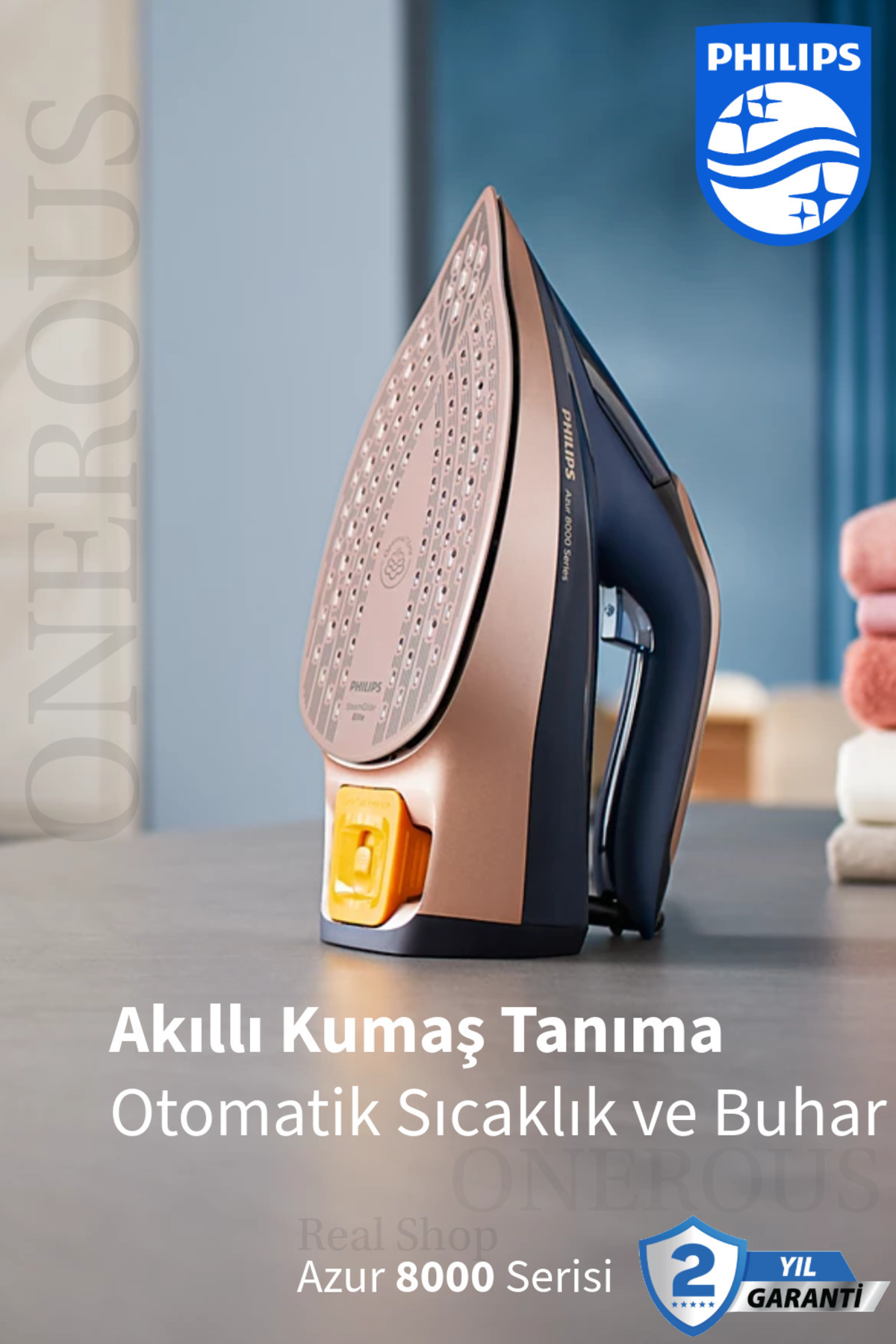 Philips Akıllı Sensörlü Kumaşa Göre Isı Ayarlayan Azur Buharlı Ütü 8000 Serisi, 260g Turbo Şok Buharlı ütü