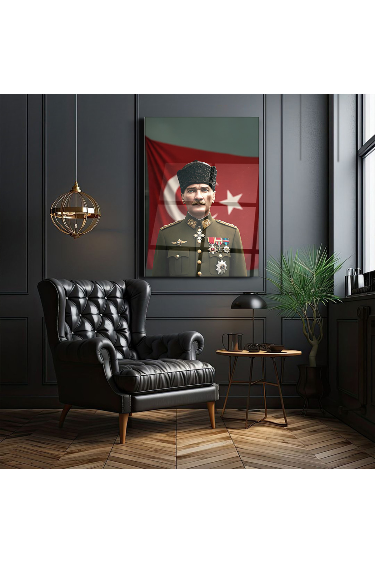 Atatürk Askeri Üniformalı Cam Tablo – Türk Bayraklı Mustafa Kemal Atatürk Portresi Ev ve Ofis Dekoru