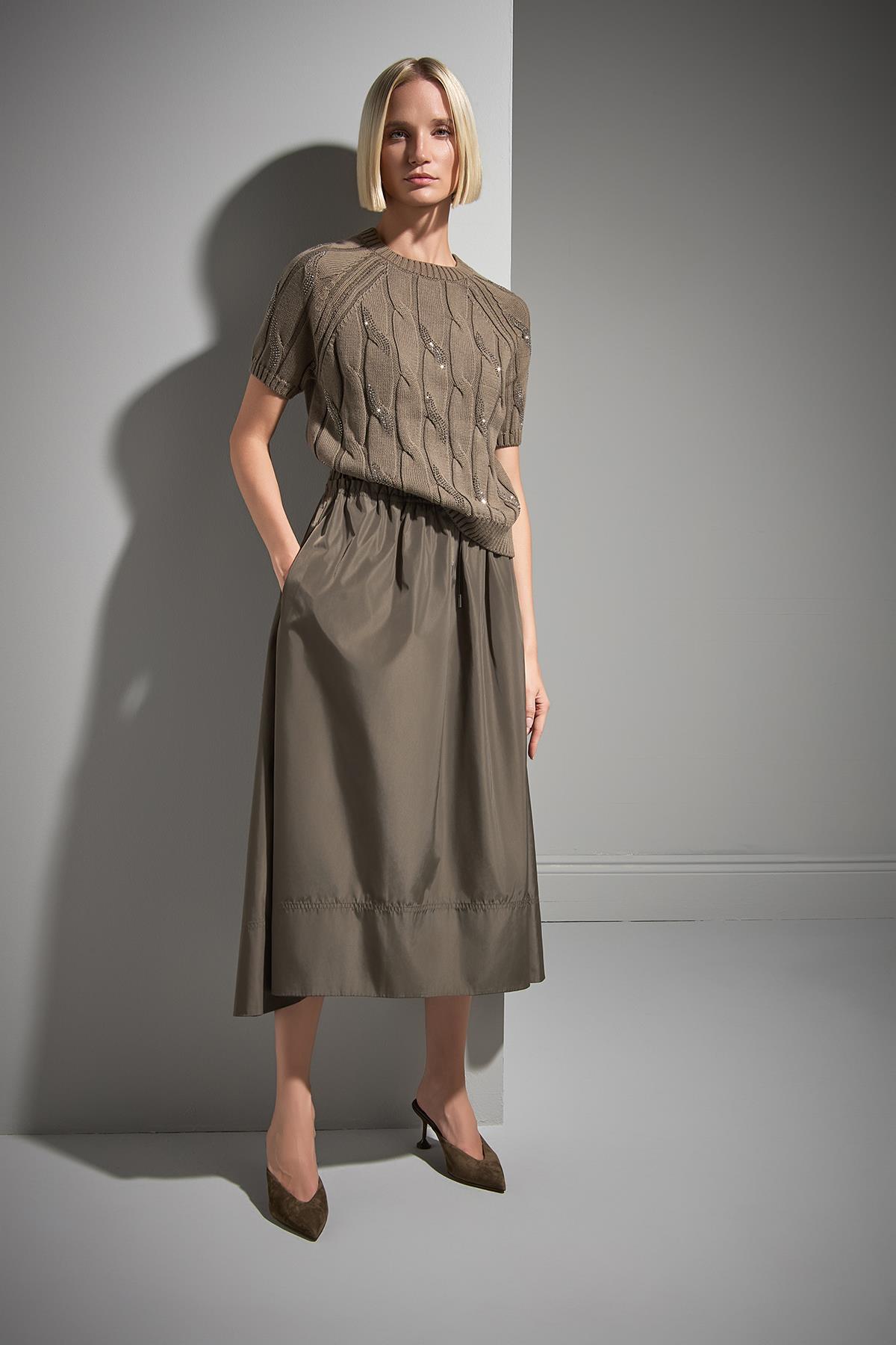 Join Us  Beli Büzgülü Yeşil Maxi Kumaş Etek - Görsel 4