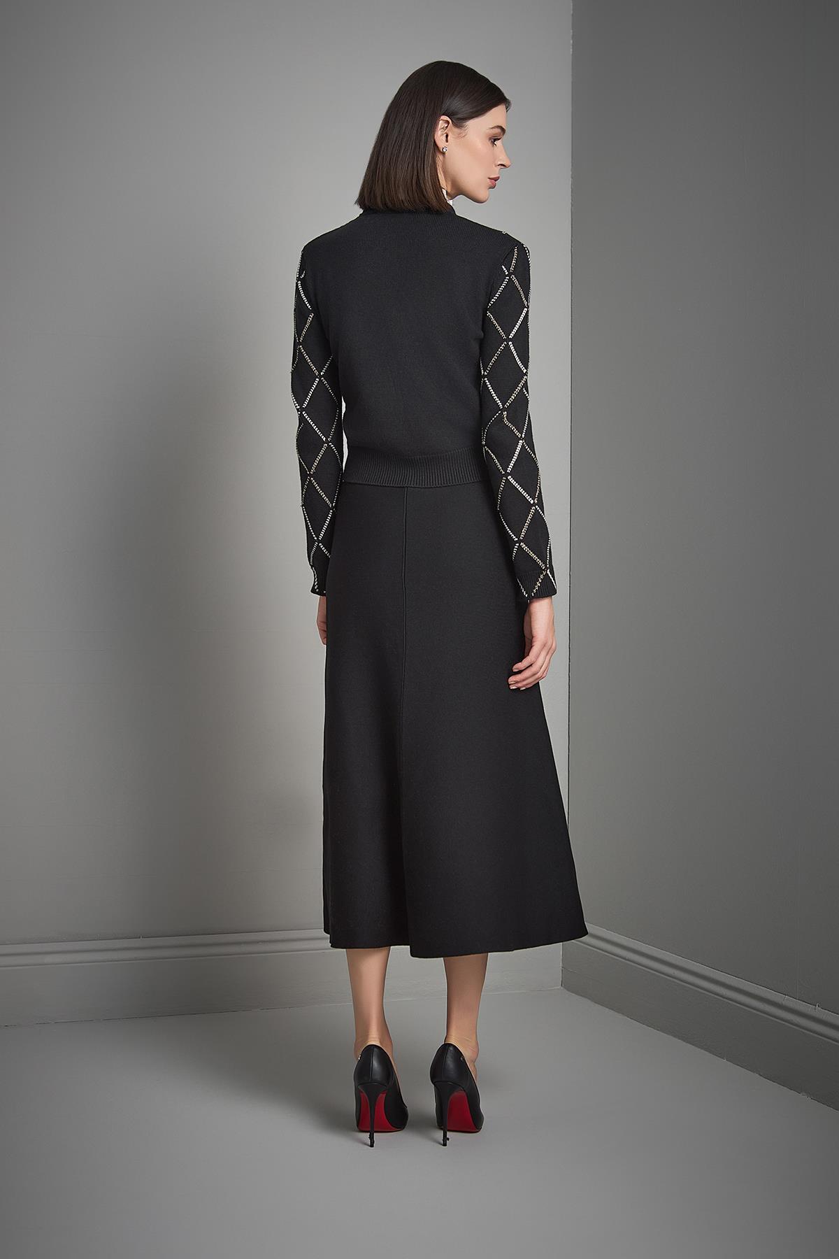 Join Us  Baklava Desenli Kumaş Yaka Detaylı Siyah Triko Hırka - Görsel 6