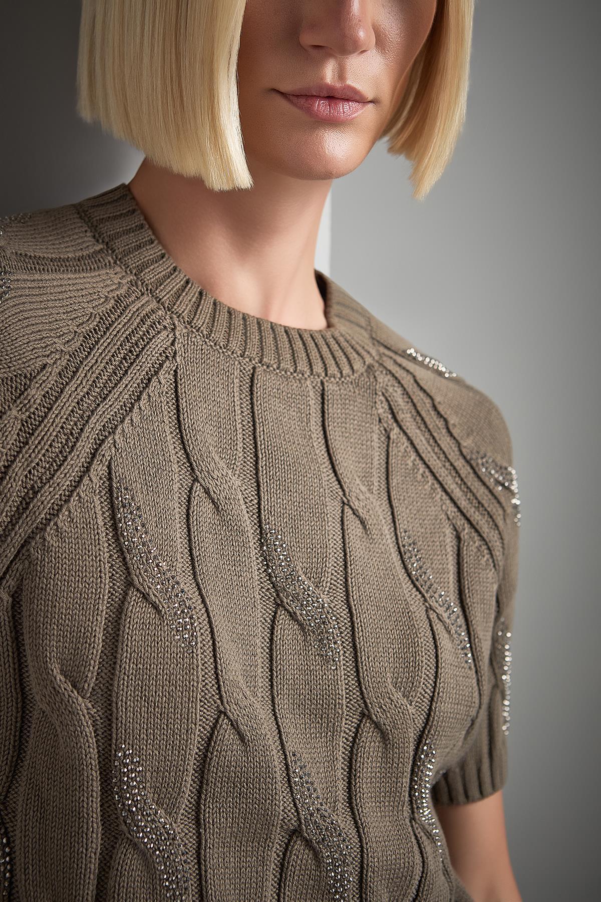 Join Us  Taş Baskılı Saç Örgülü Yeşil Triko Kazak - Görsel 5