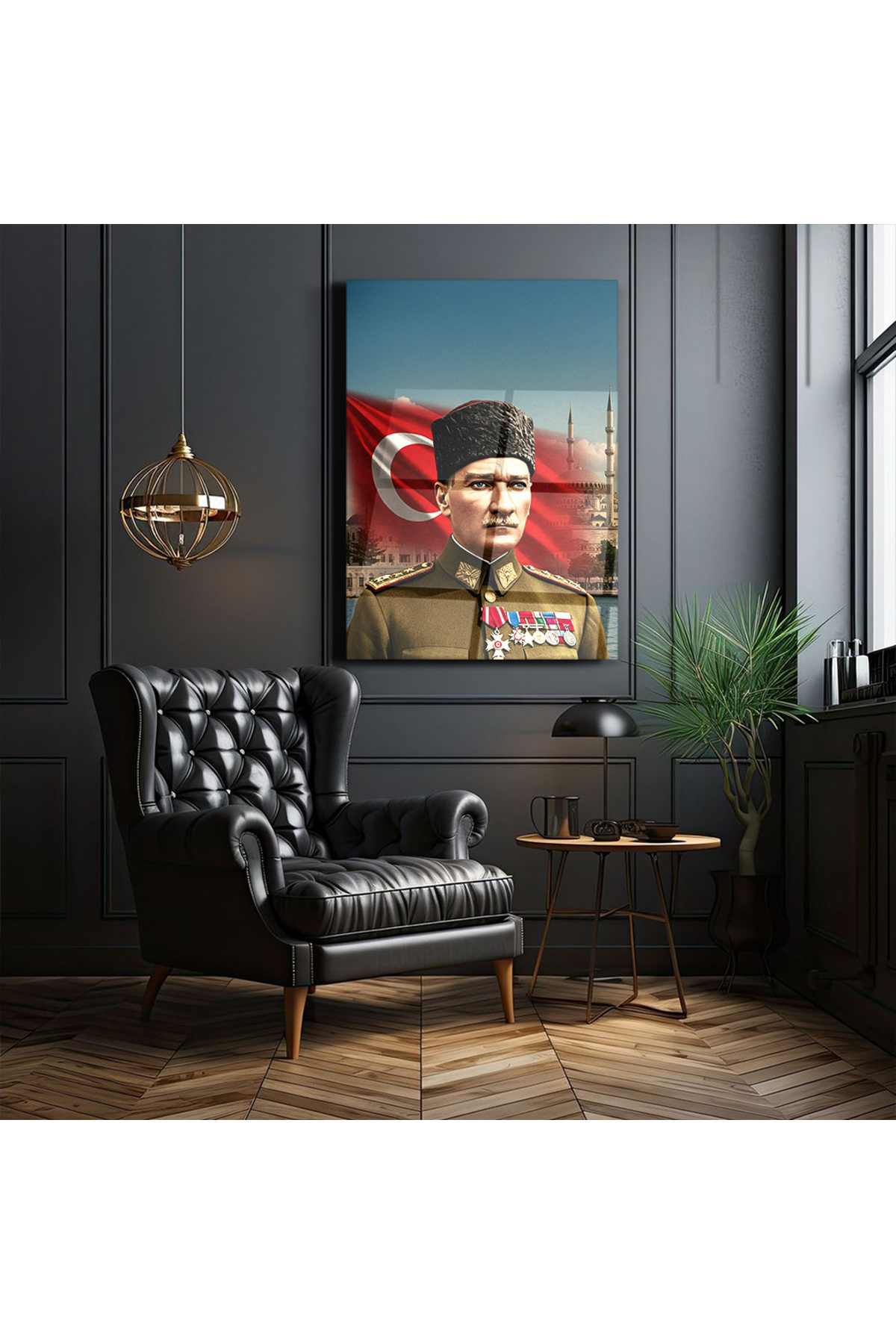 Atatürk Türk Bayraklı Cam Tablo – Askeri Üniformalı Portre Ev ve Ofis Dekoru