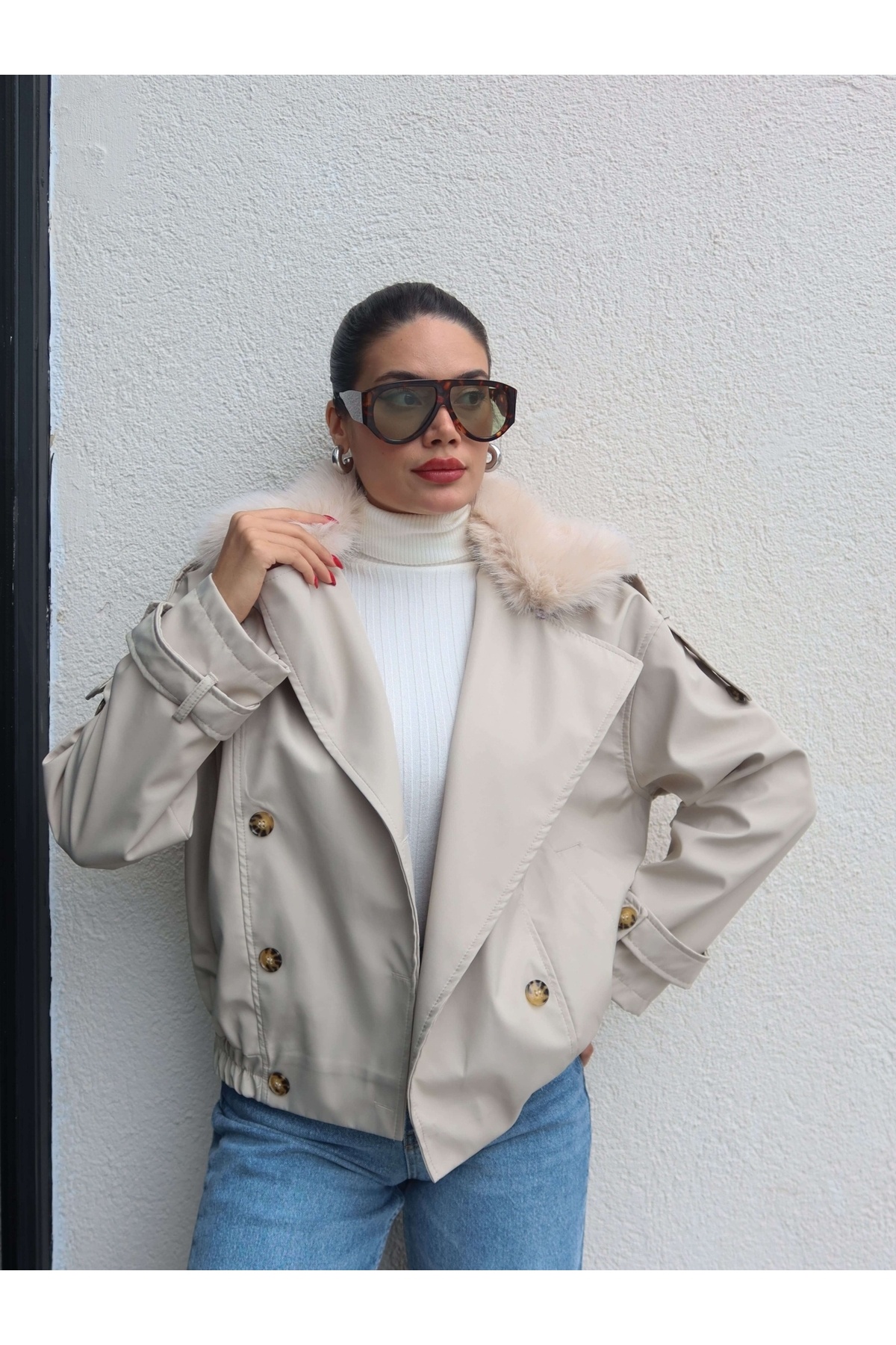 ESRAHELVACI Kürk Yaka Bel Lastikli Trench