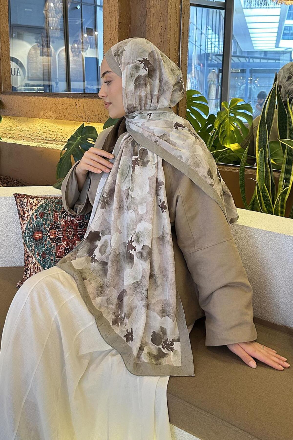 lamelif Batik Çiçek Desen Bambu Şal Ada Çayı görsel 4