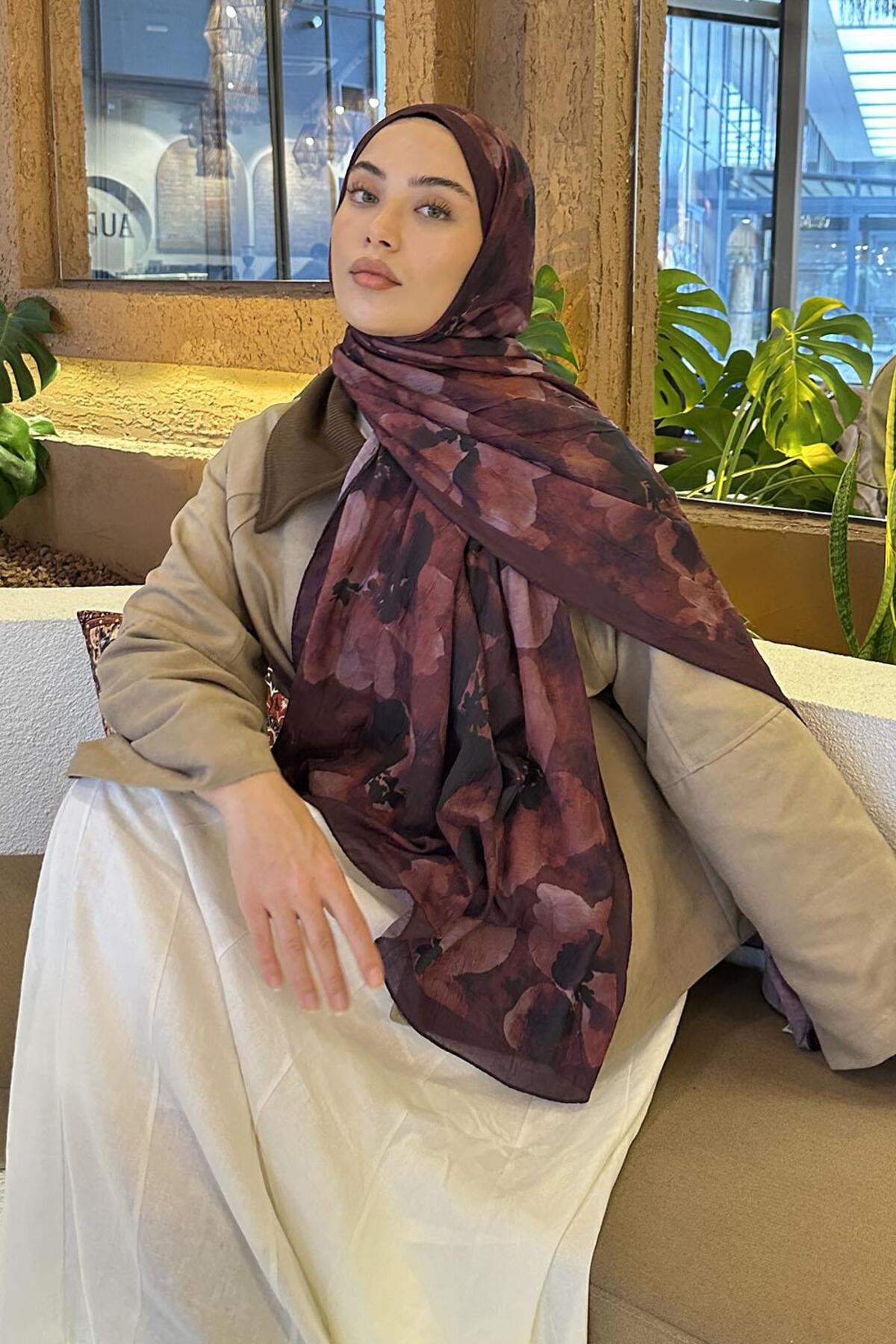 Lamelif  Batik Çiçek Desen Bambu Şal Koyu Bordo - Görsel 3