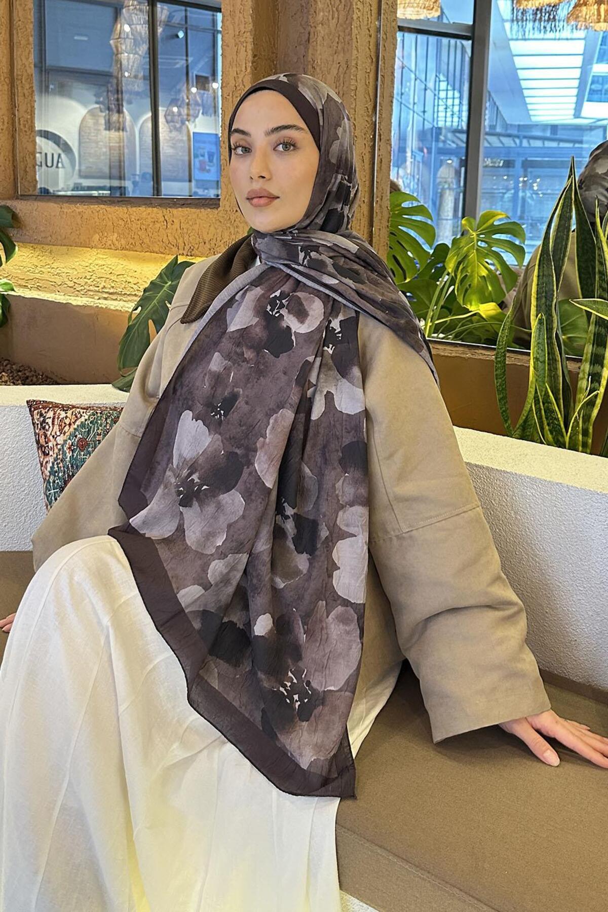 Lamelif  Batik Çiçek Desen Bambu Şal Acı Kahverengi - Görsel 3