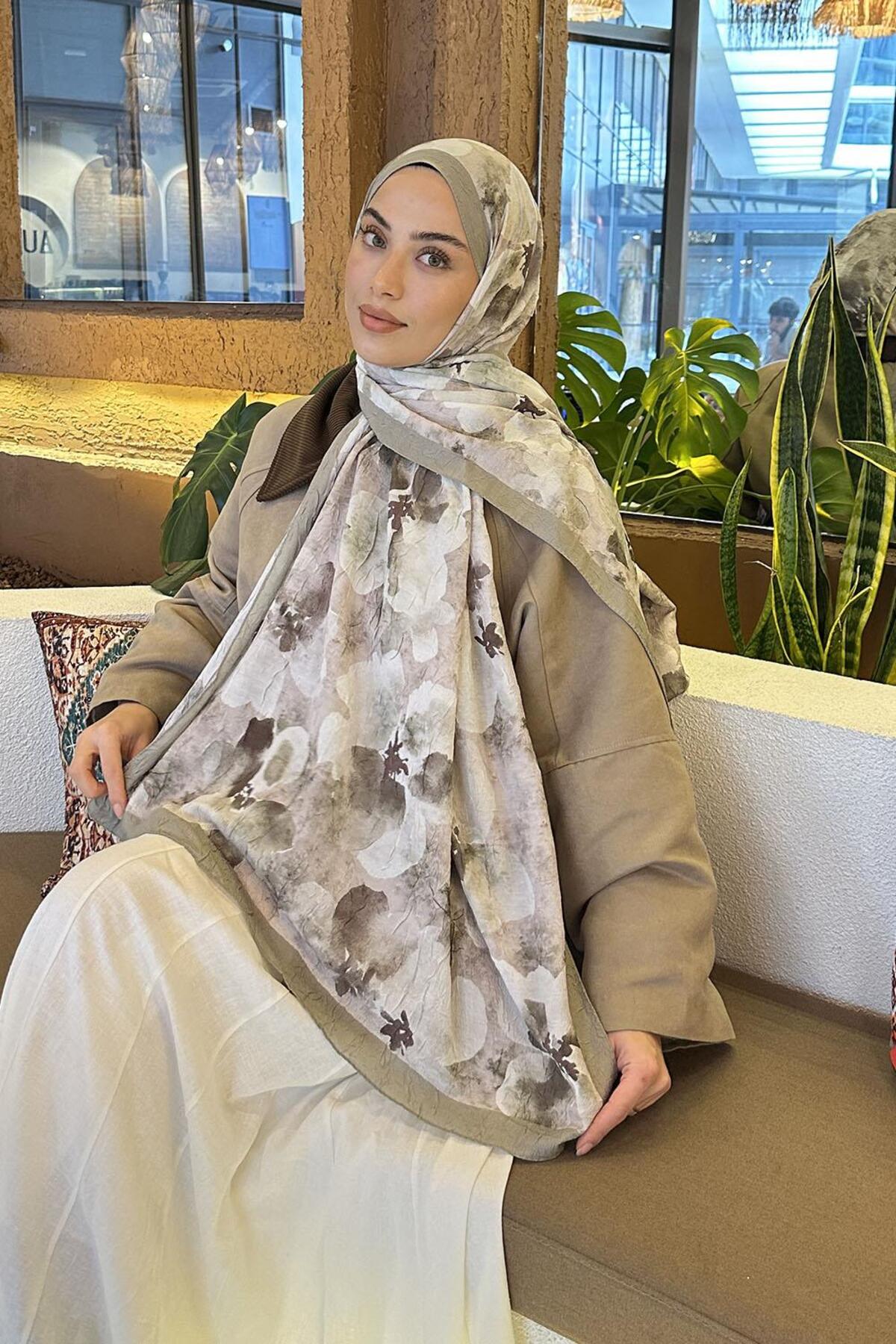 lamelif Batik Çiçek Desen Bambu Şal Ada Çayı görsel 2