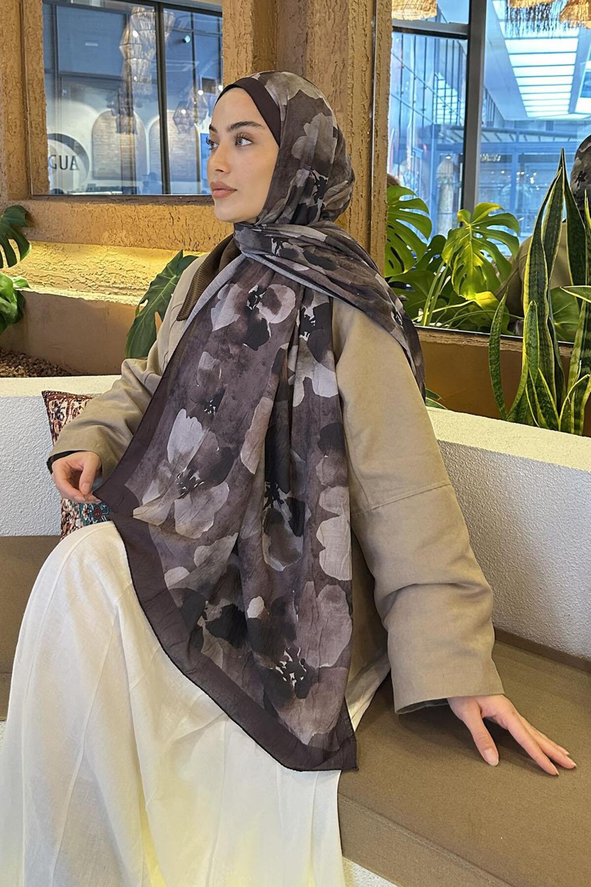 Lamelif  Batik Çiçek Desen Bambu Şal Acı Kahverengi - Görsel 4