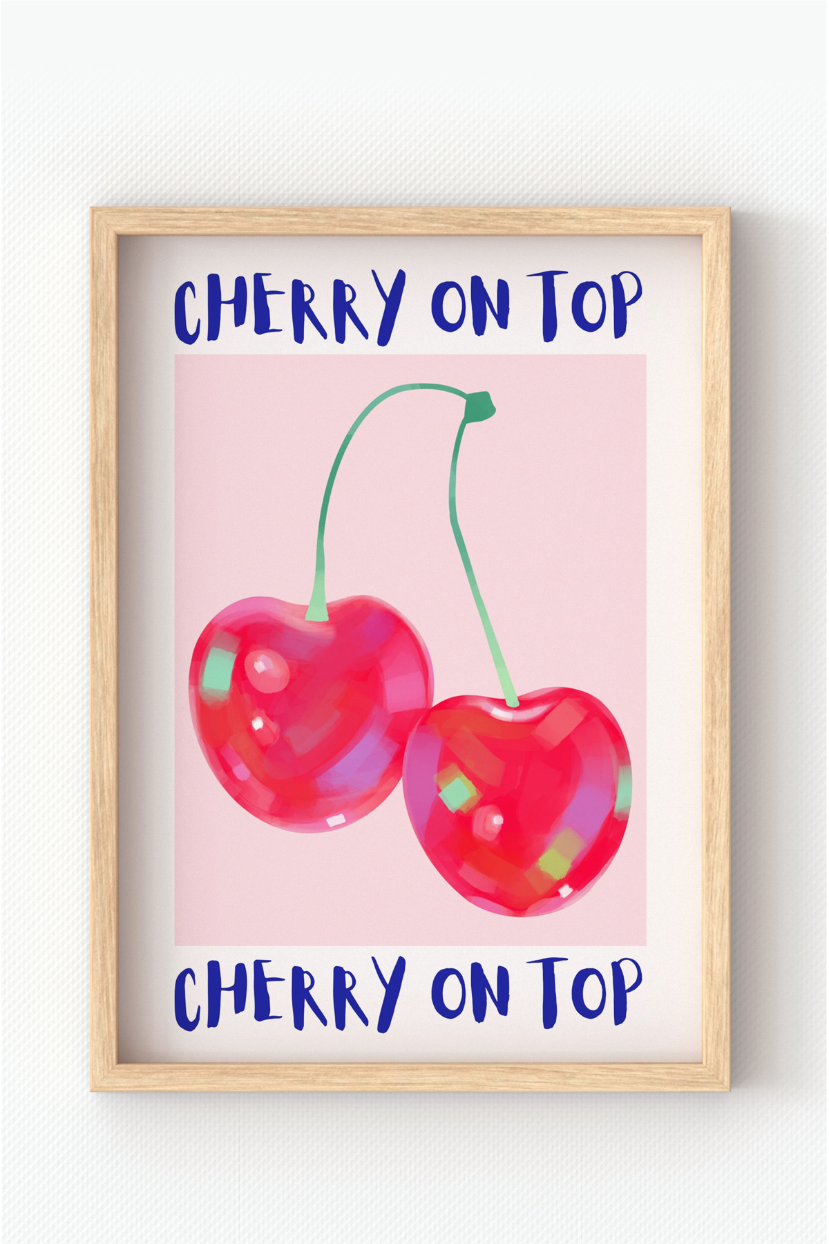 MIOVI Ahşap Çerçeveli Cherry On Top Çift Kiraz Poster - Pembe