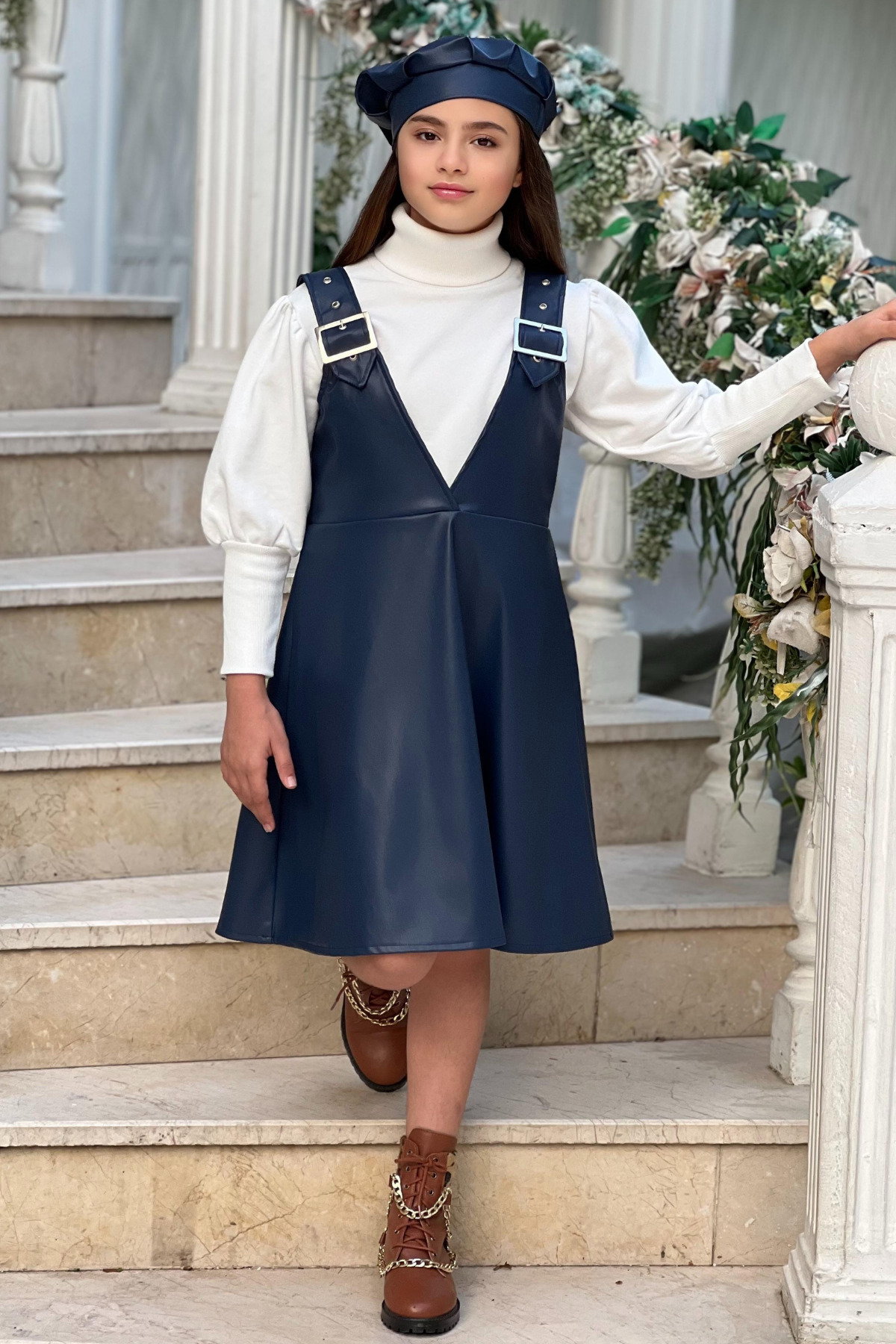 ELAFOR Kız Çocuk Deri Jile Salopet Elbise Badi Bere Üçlü Takım/Bayramlık/23 Nisan/Doğum Günü/Mezuniyet fotoğrafı 5 (önizleme)