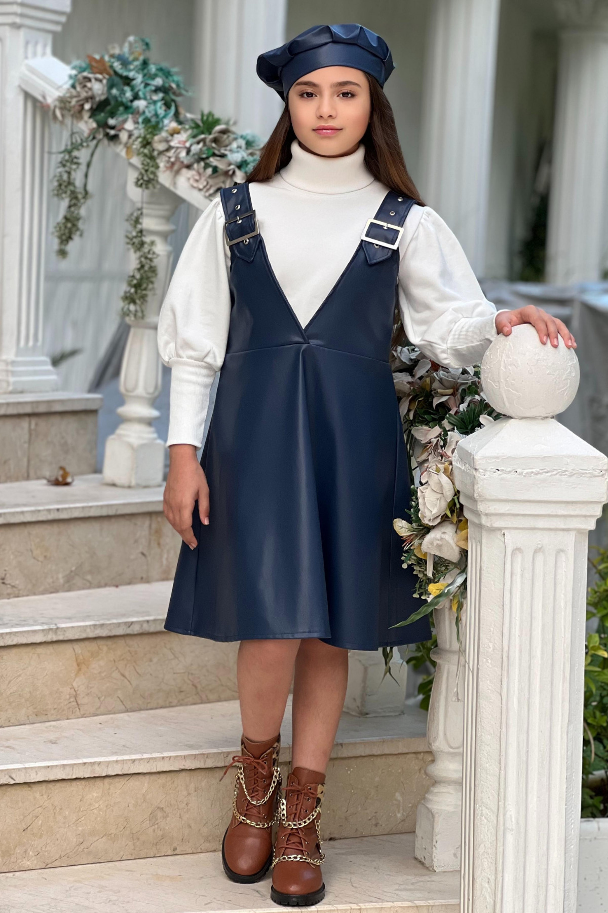 ELAFOR Kız Çocuk Deri Jile Salopet Elbise Badi Bere Üçlü Takım/Bayramlık/23 Nisan/Doğum Günü/Mezuniyet fotoğrafı 6 (önizleme)