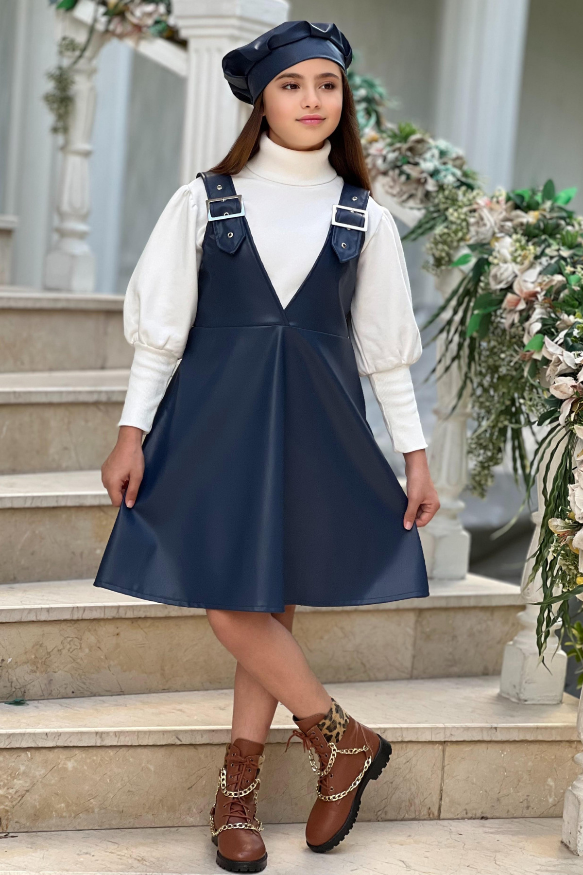 ELAFOR Kız Çocuk Deri Jile Salopet Elbise Badi Bere Üçlü Takım/Bayramlık/23 Nisan/Doğum Günü/Mezuniyet fotoğrafı 3 (önizleme)