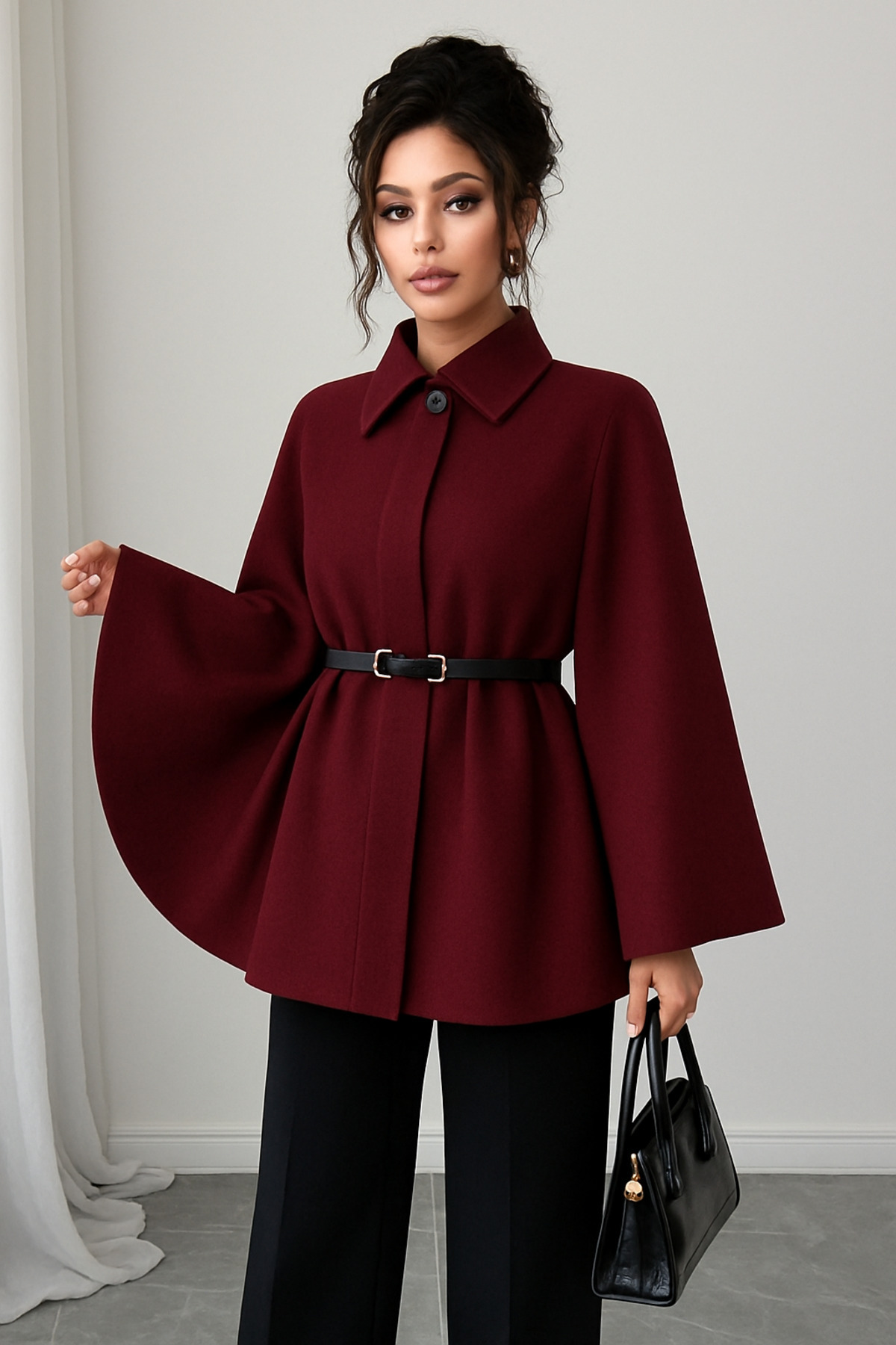 EKZMODA Zarif Bordo Kadın Kemerli Kışlık Kaşe Panço Modelleri