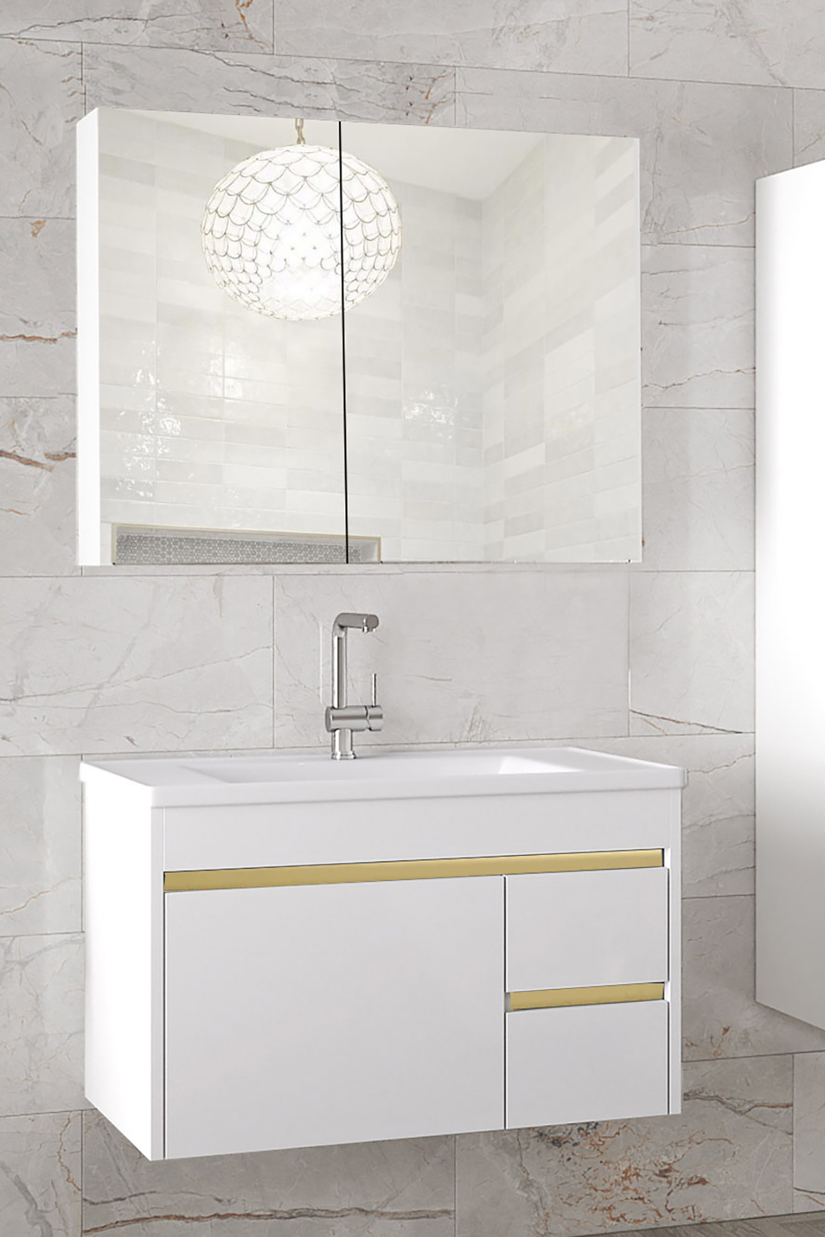 Alfa Banyo Viosen B-GO 80 Cm Ayna Dolaplı, Lavabolu Mdf Banyo Dolabı Seti-Hazır Kurulu--