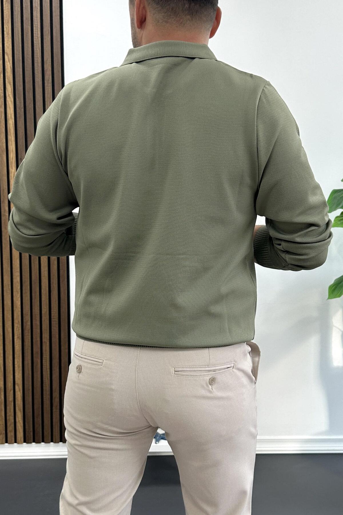 Erkek Yarım Fermuarlı Düz Desen Polo Yaka Kazak Haki Edw424 — خاکی EDW00TX424 — تصویر 4 از 4