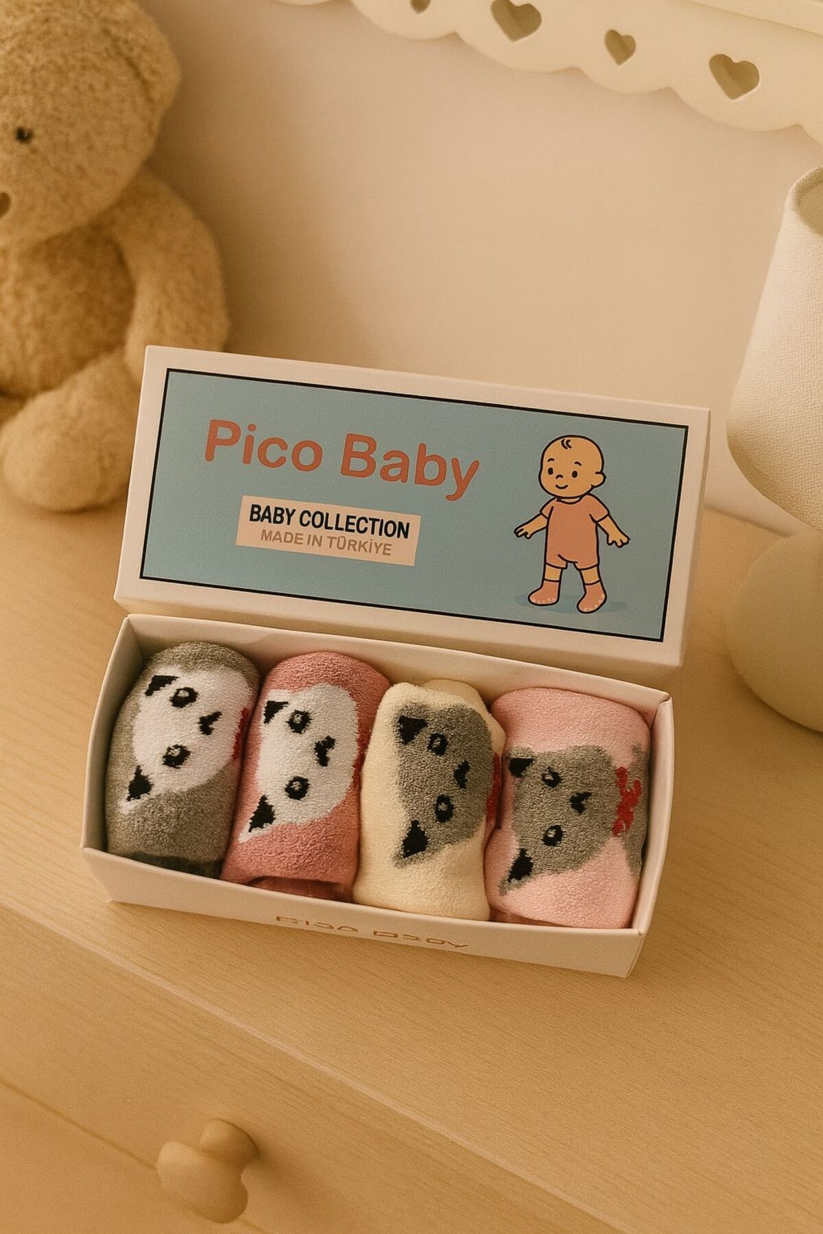 Pico Baby Havlu Çocuk & Bebek Çorabı / 4'lü Kutulu / Premium / Kaydırmaz Tabanlı / Kedi Desenli fotoğrafı 2 (önizleme)