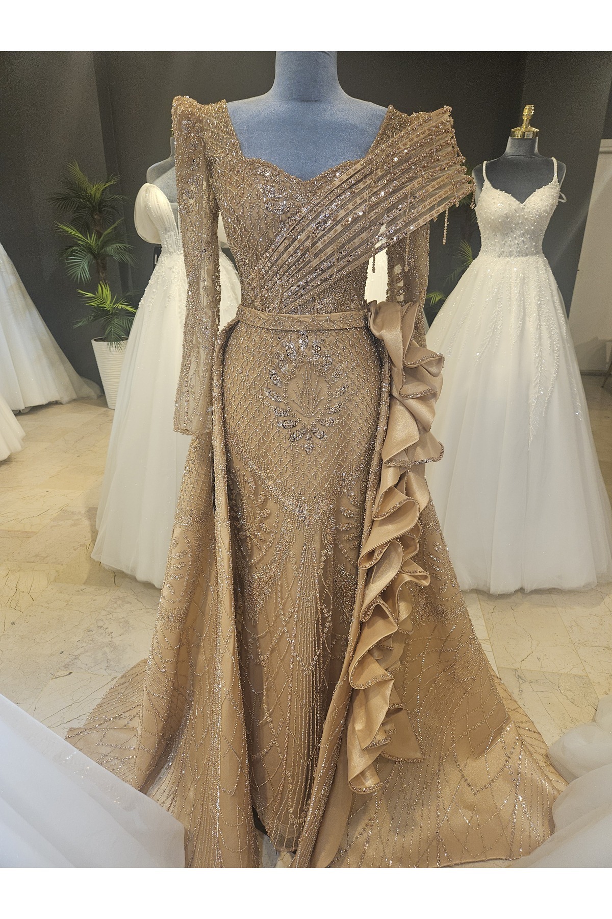 Caramel color lace covered embroidered fishnet engagement dress