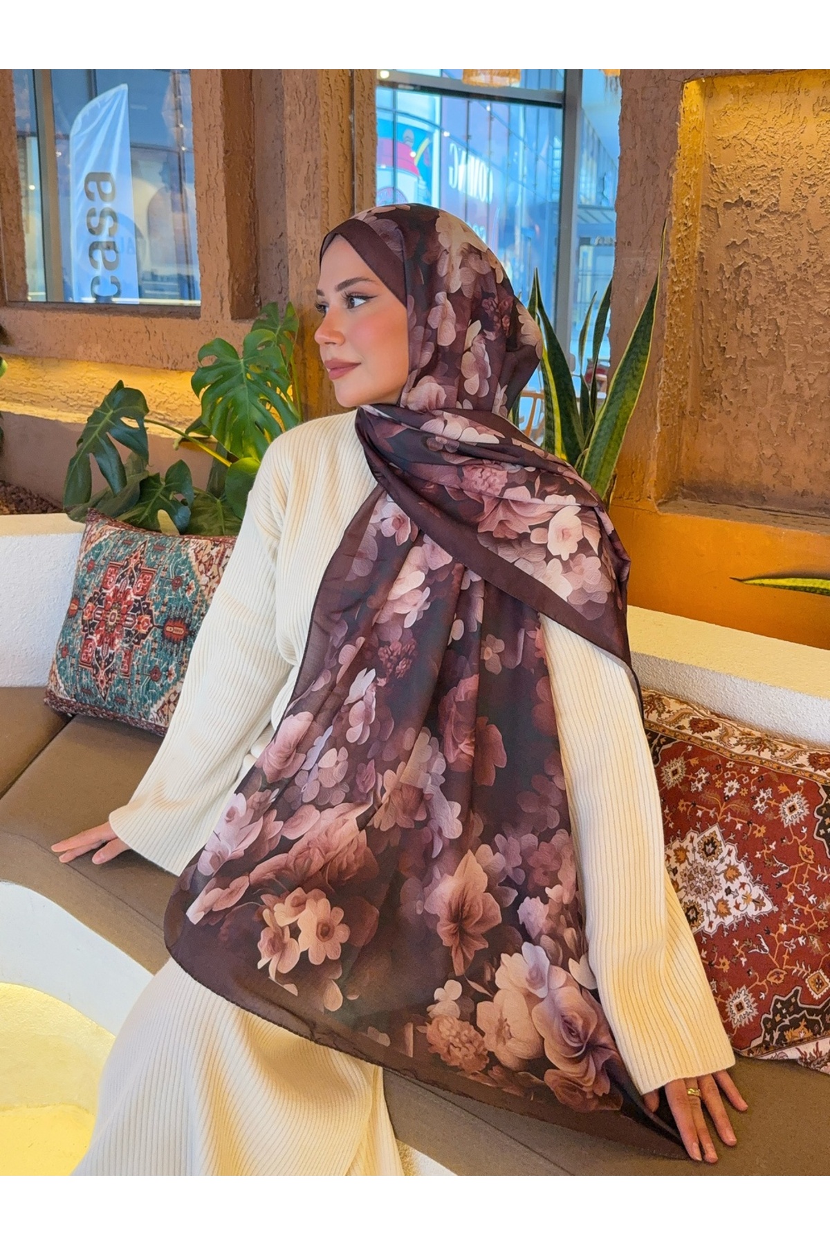 Mira İpek  Desenli Pamuk Soft Şal Soon Serisi Acı Kahve ps105 - Görsel 4