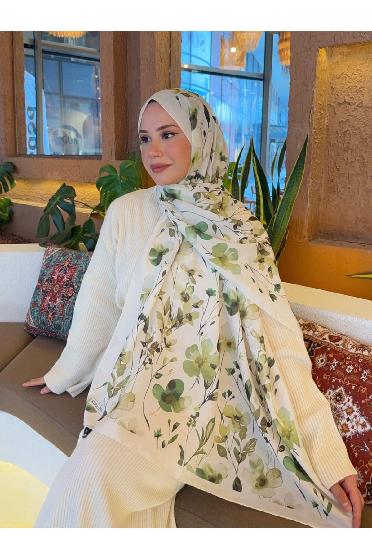 Mira İpek  Desenli Pamuk Soft Şal Soon Serisi Kırık Beyaz-Yeşil ps106 - Görsel 3