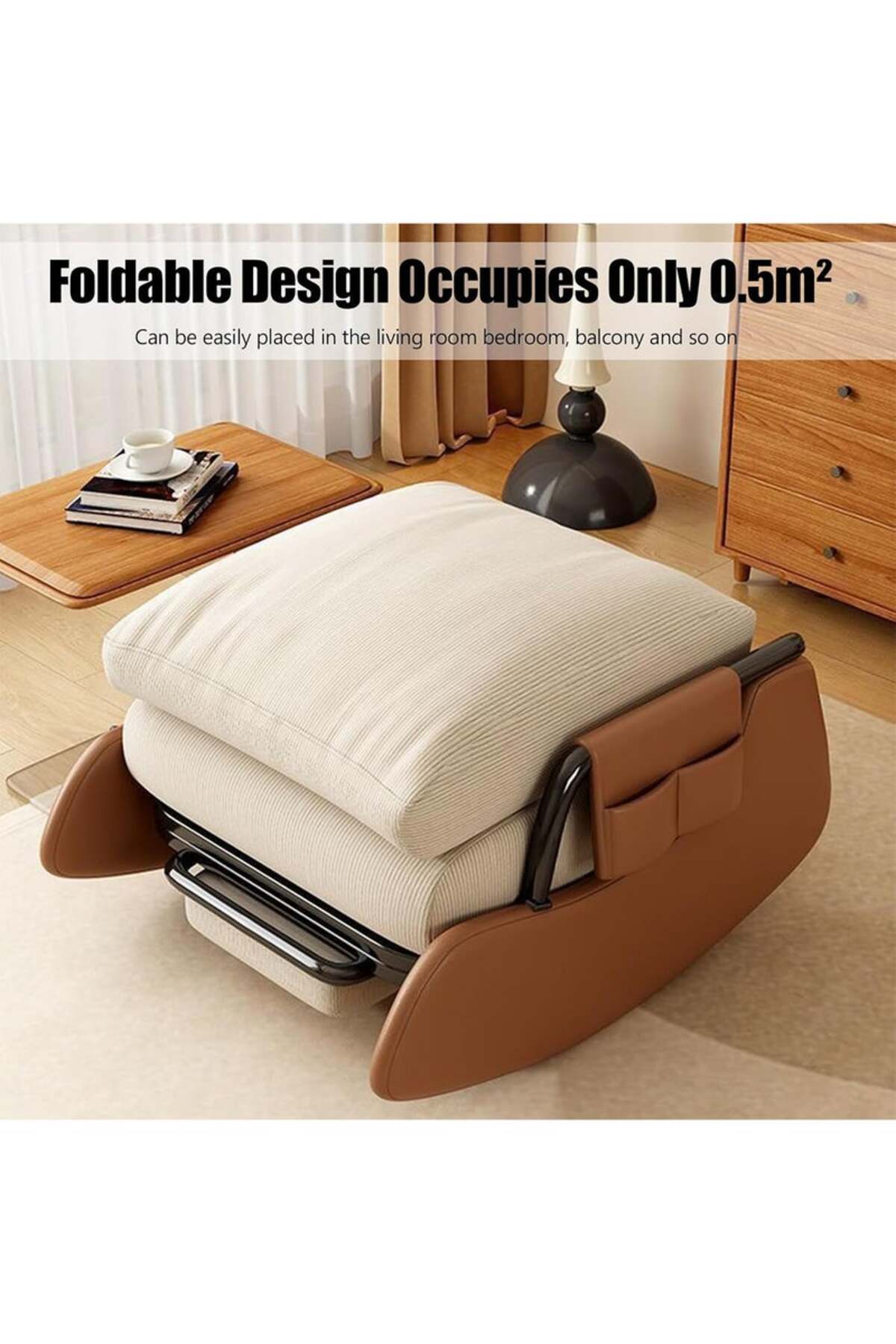 كرسي استرخاء هزاز قابل للطي مع مسند قدم عصري بني