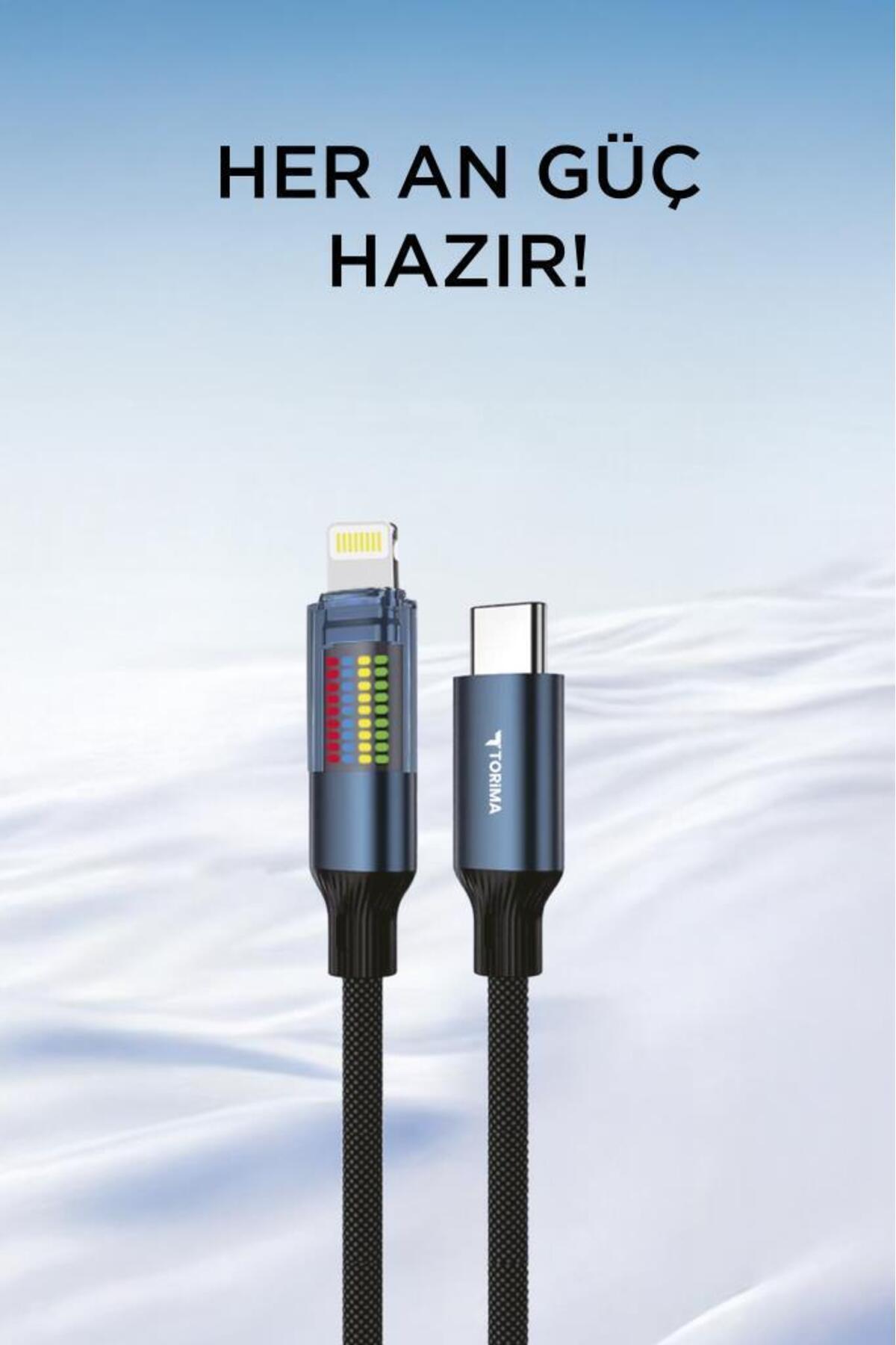 Torima Şarj Kablosu Type-C to Lightning Led Ekranlı Hızlı 27W Örgü
