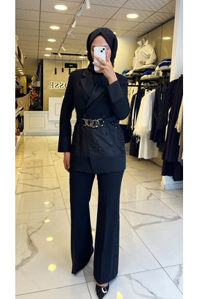 Vosse Moda İlgi Siyah Organze Detaylı Kemer Detaylı Takım