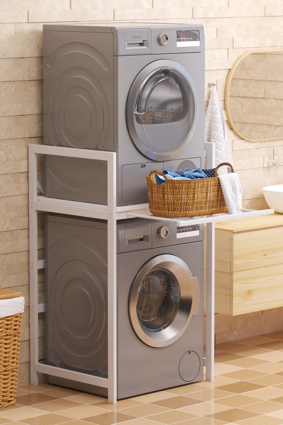 TOLIAHOME Çamaşır Sepeti Çekmeceli Çamaşır Makinası ve Kurutma Makinası Rafı Makina Üstü Banyo Düzenleyici Raf
