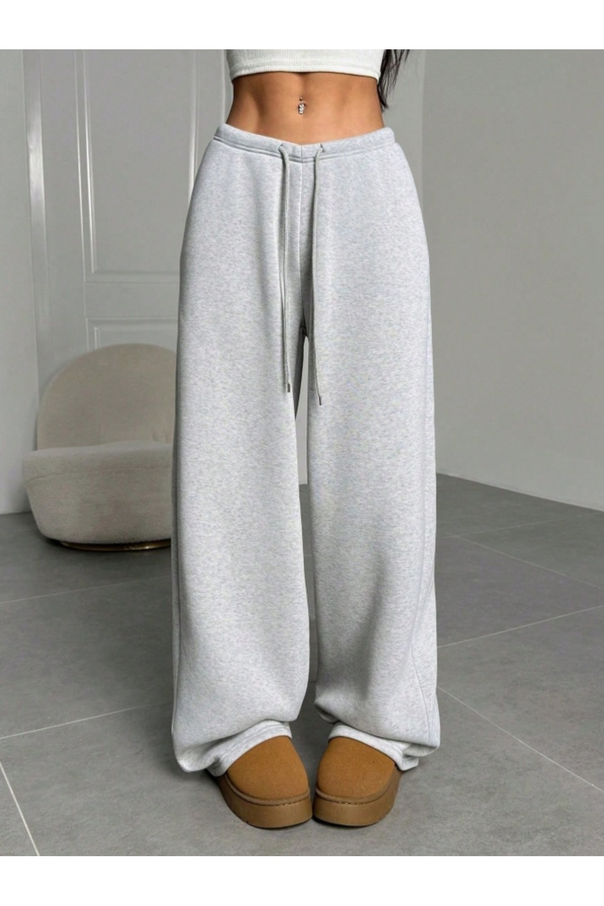 ELASSEL  Kışlık Şardonlu Gri Kadın Baggy Battal Büyük Beden Bol Kesim Esnek Rahat Kumaş Eşofman Altı r5