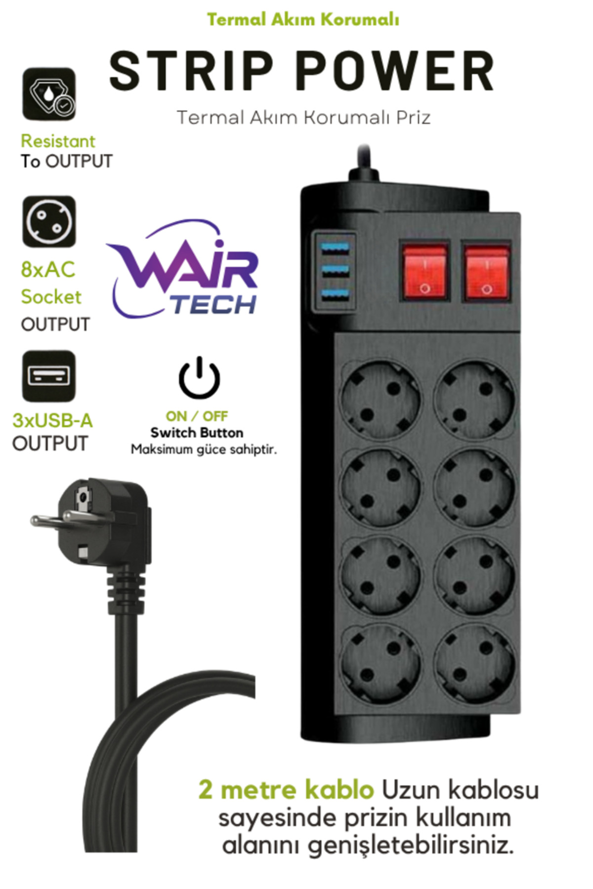 ฅぐりんฅ 　0430 Wair Teknoloji 4000W, 16A, Akım Korumalı Priz 8XPRİZ, 3XUSB, 2mt