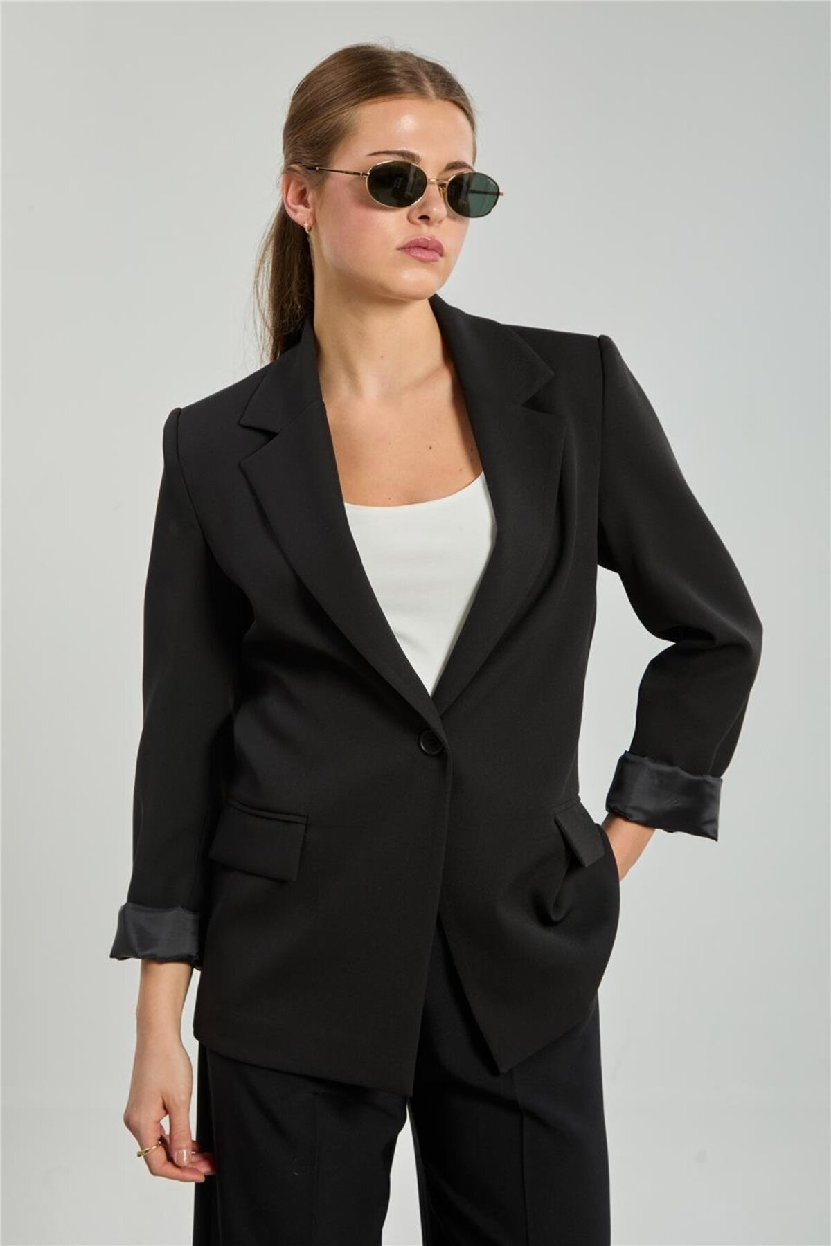 BARRELS AND OIL  Kadın Tek Düğmeli Blazer Ceket - Siyah - Görsel 2