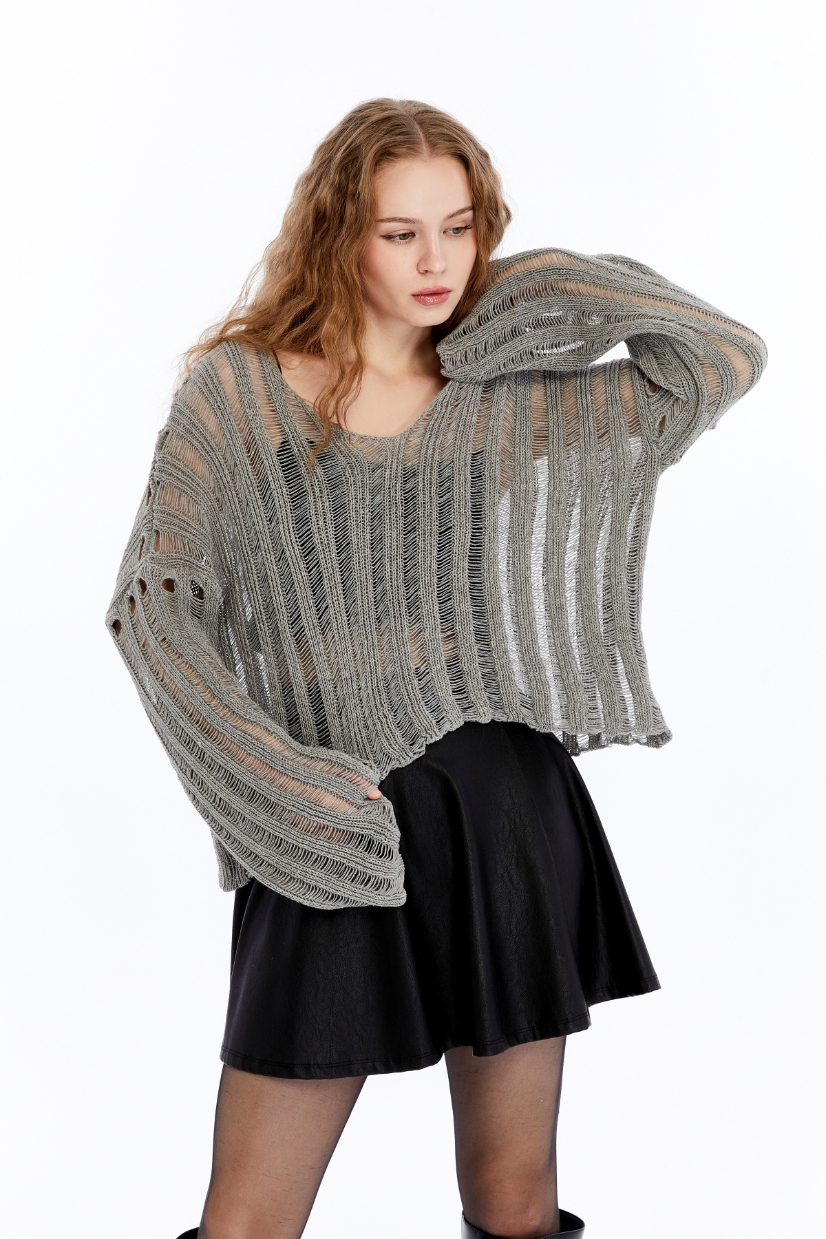 MA ananas  Kadın Ajurlu Triko V yaka Bluz - Görsel 2