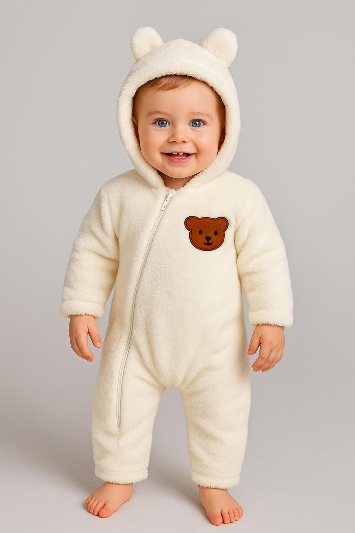 nevrankids Peluş Çapraz Fermuarlı Ayıcık Figürlü Kapüşonlu Tulum - Ekru fotoğrafı 3 (önizleme)