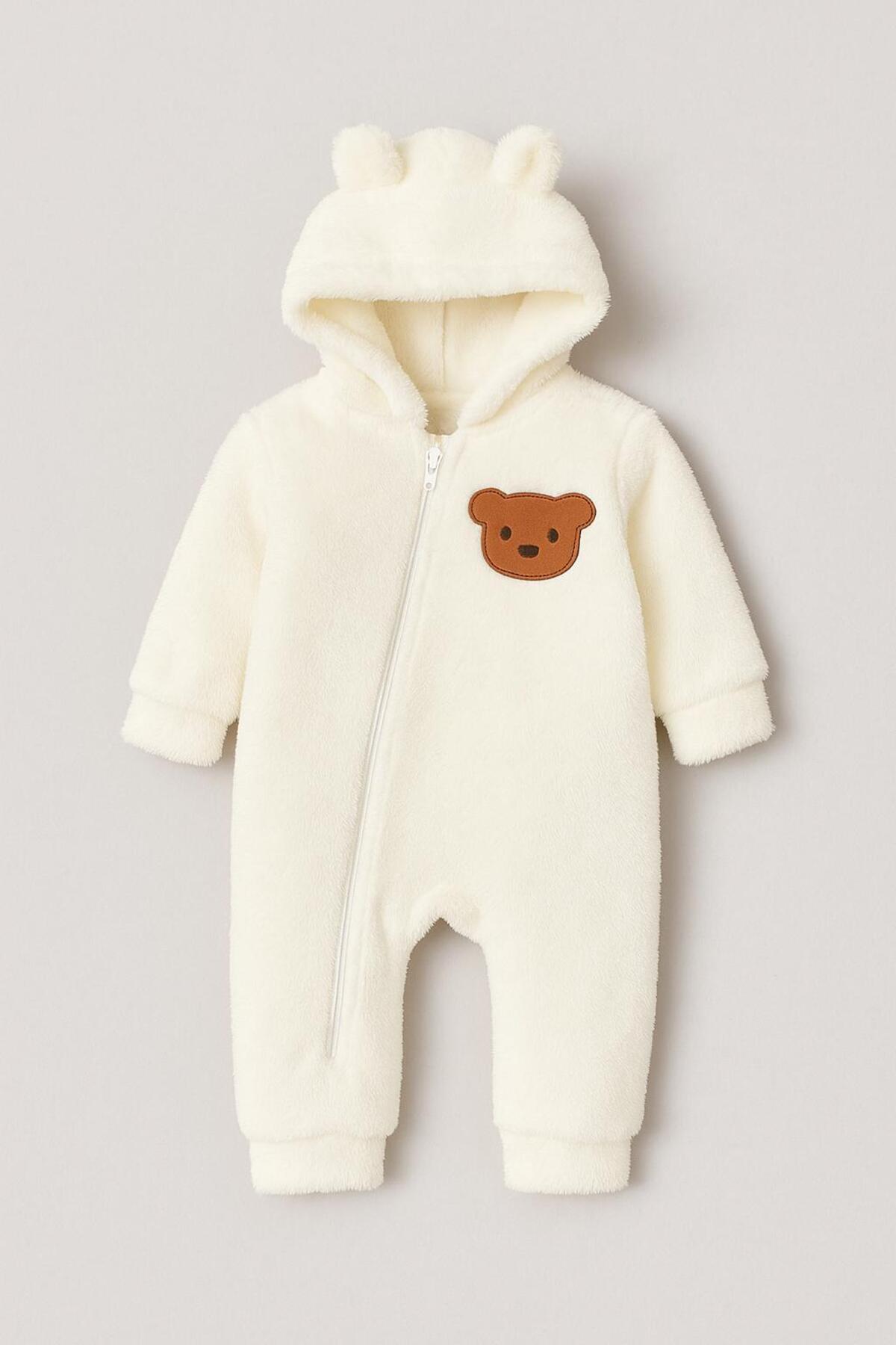 nevrankids Peluş Çapraz Fermuarlı Ayıcık Figürlü Kapüşonlu Tulum - Ekru fotoğrafı 4 (önizleme)