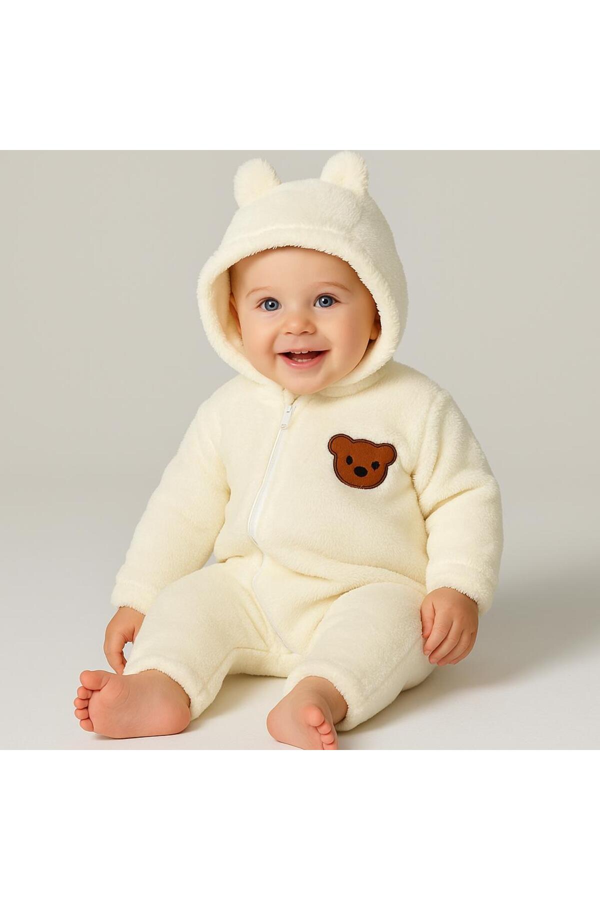 nevrankids Peluş Çapraz Fermuarlı Ayıcık Figürlü Kapüşonlu Tulum - Ekru fotoğrafı 2 (önizleme)