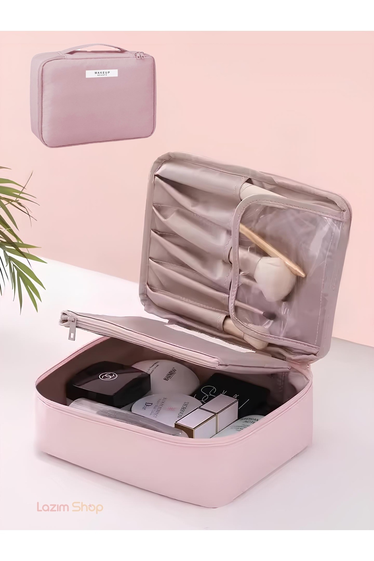 Lazım Shop Seyahat Makyaj Çantası 2'si 1 Arada Fırça Cepli Tutma Kollu