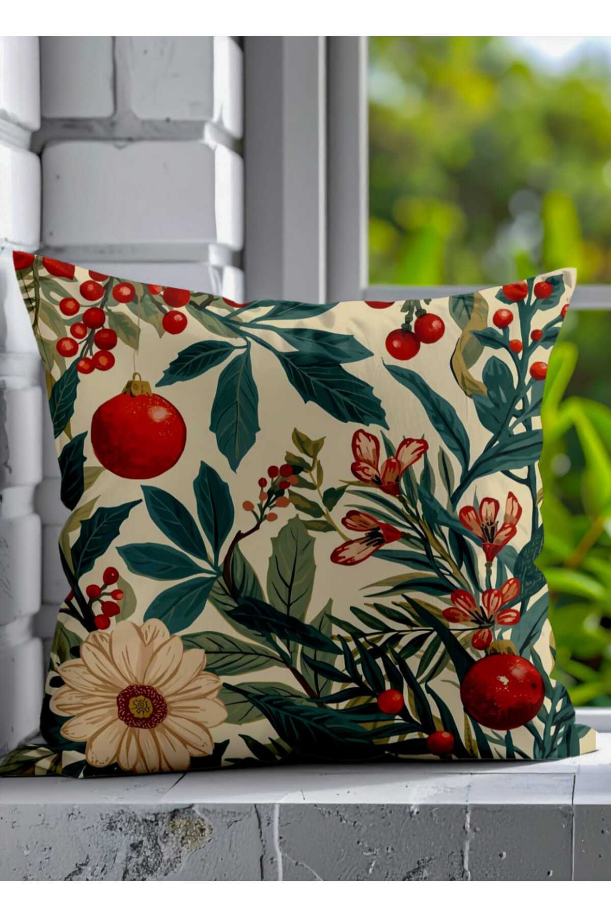 Christmas Themed Red Fruit Decorative Pillowcase - Winter Patterned 43 x 43 cm Suede with Beige Backing