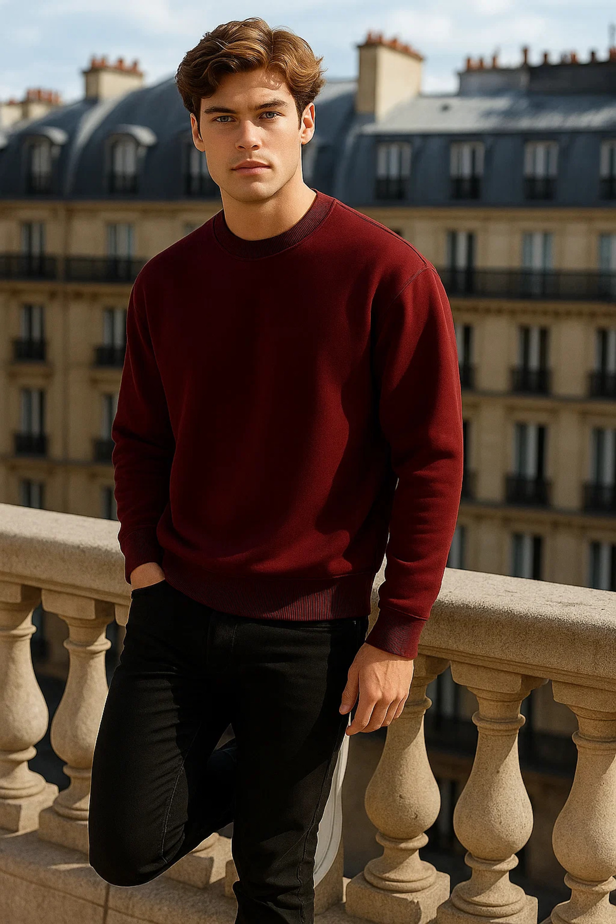 COMBİNE MİCHAİL  Erkek Bisiklet Yaka Oversize Bordo Kazak - Görsel 4