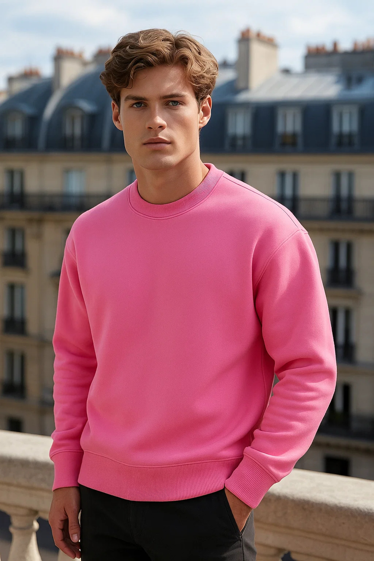 COMBİNE MİCHAİL  Erkek Bisiklet Yaka Oversize Pembe Kazak - Görsel 5