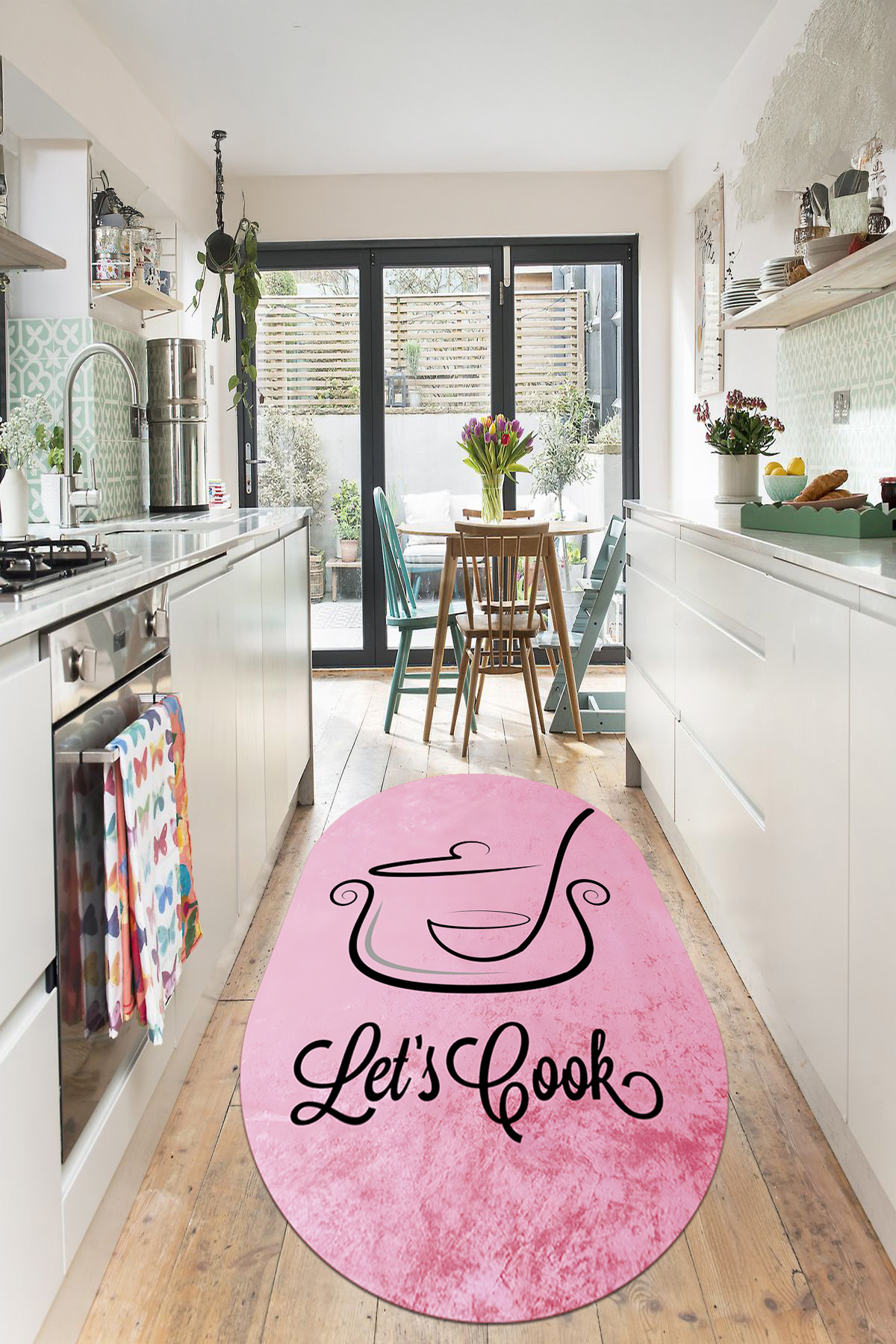 Modern Oval Kitchen Rug with Digital Printed Washable and Non-Slip Base Cooking Pot Figure