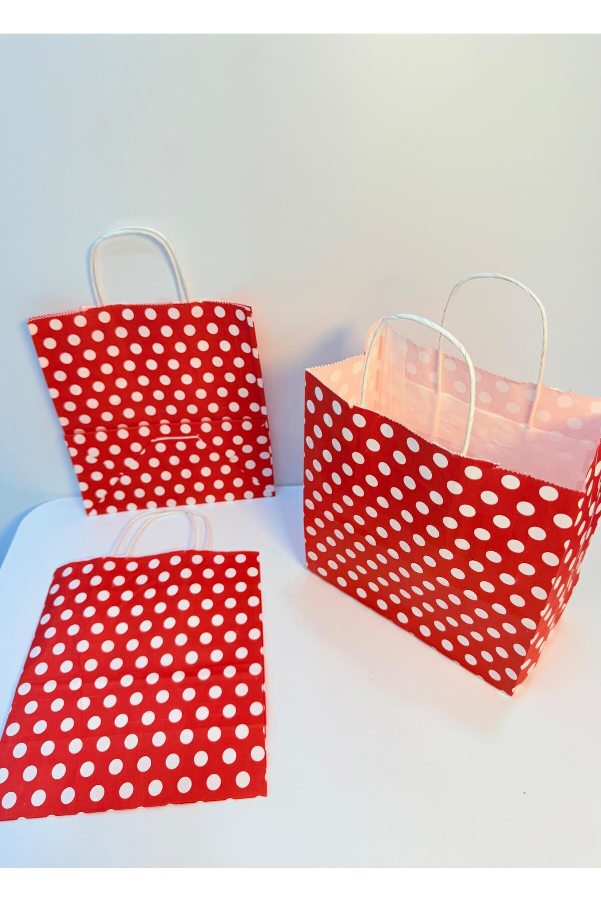 aybaş kağıtçılık 1.Kalite 18x24 cm 10'Lu Kırmızı Renk Beyaz Benekli Kraft Kağıt Çanta,Hediye Poşeti