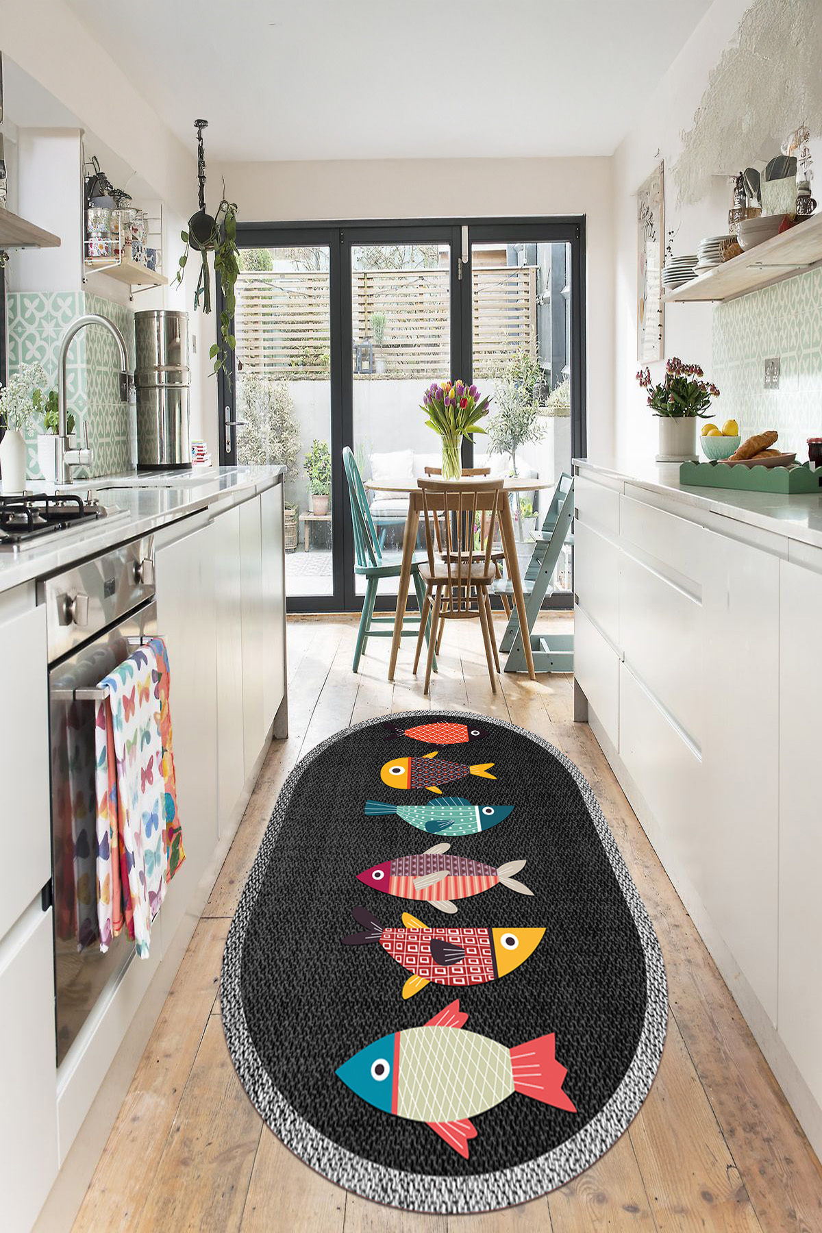 Oval Kitchen Rug with Fish Pattern with Digital Printed Washable and Non-Slip Base