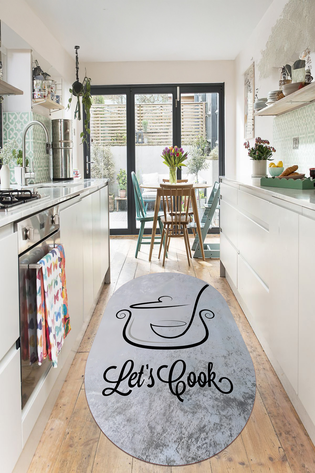 Modern Oval Kitchen Rug with Digital Printed Washable and Non-Slip Base Cooking Pot Figure