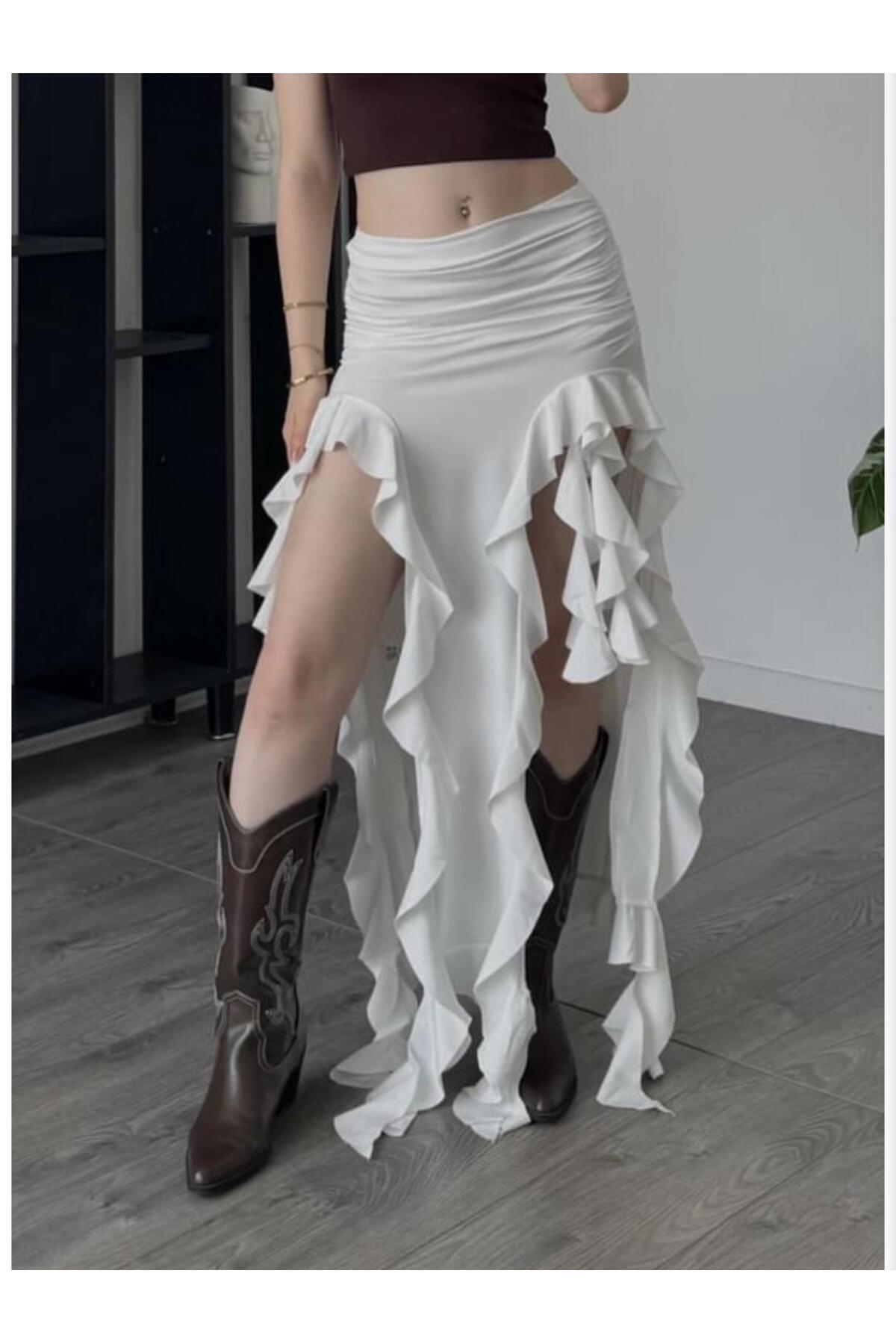 Linich&Co  Fırfır Yırtmaçlı Uzun Ekru Etek 4043 - Görsel 4