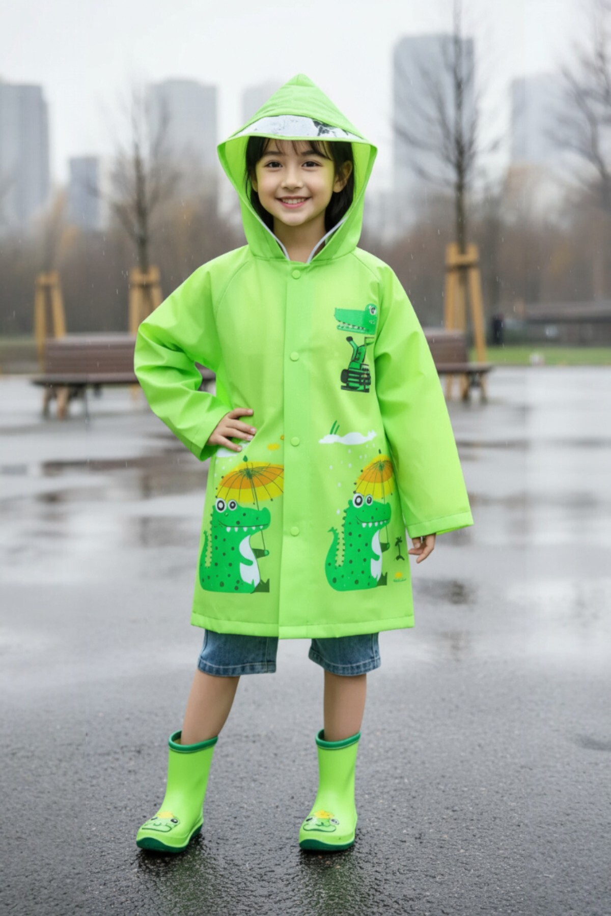 Milenay Sevimli Timsah Figürlü Kapüşonlu Çocuk Yağmurluk - Çocuk Yağmurluğu - Unisex Yağmurluk fotoğrafı 5 (önizleme)