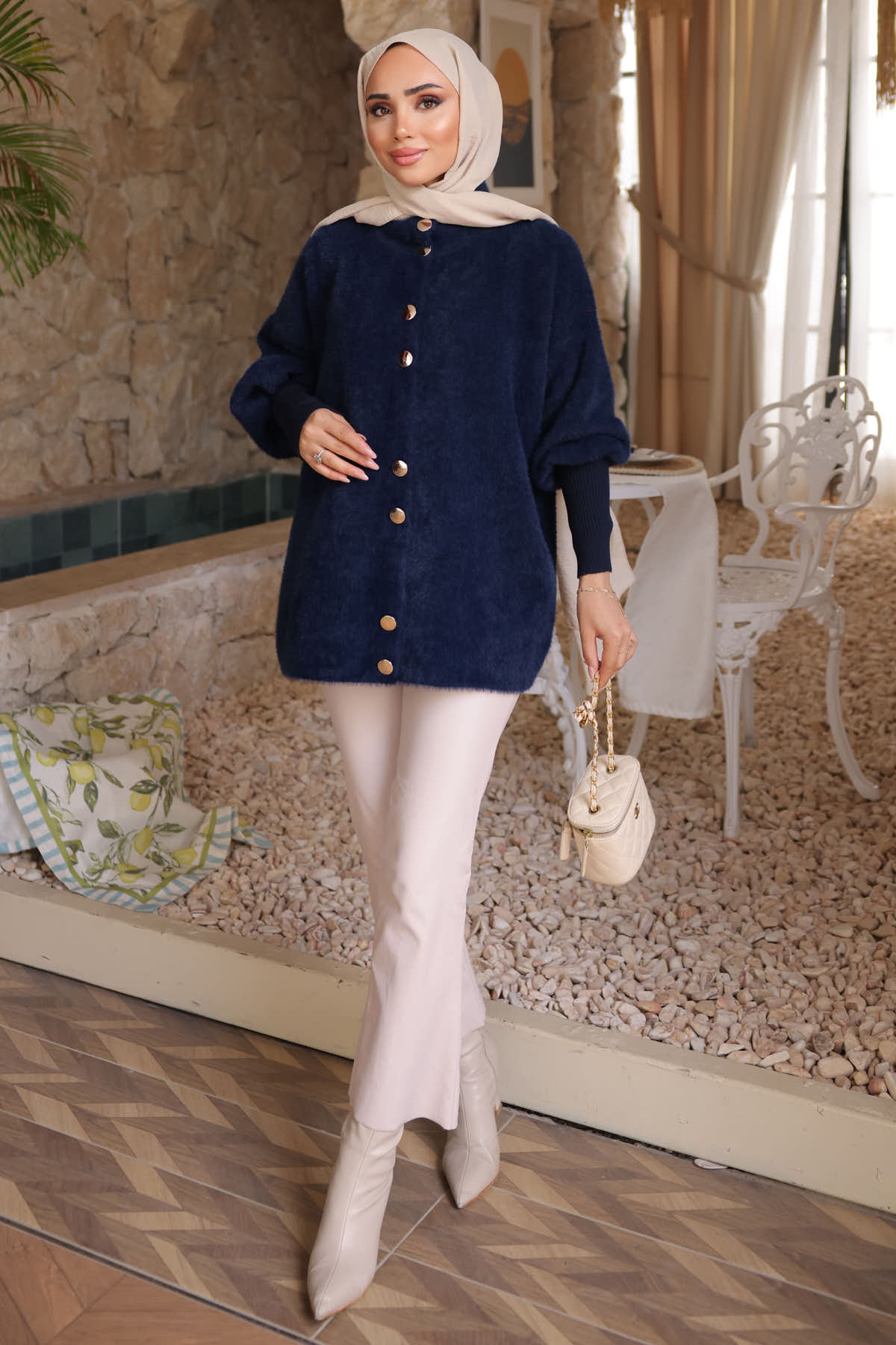 İmajButik Lacivert Dik Yaka Angora Yumoş Hırka görsel 2